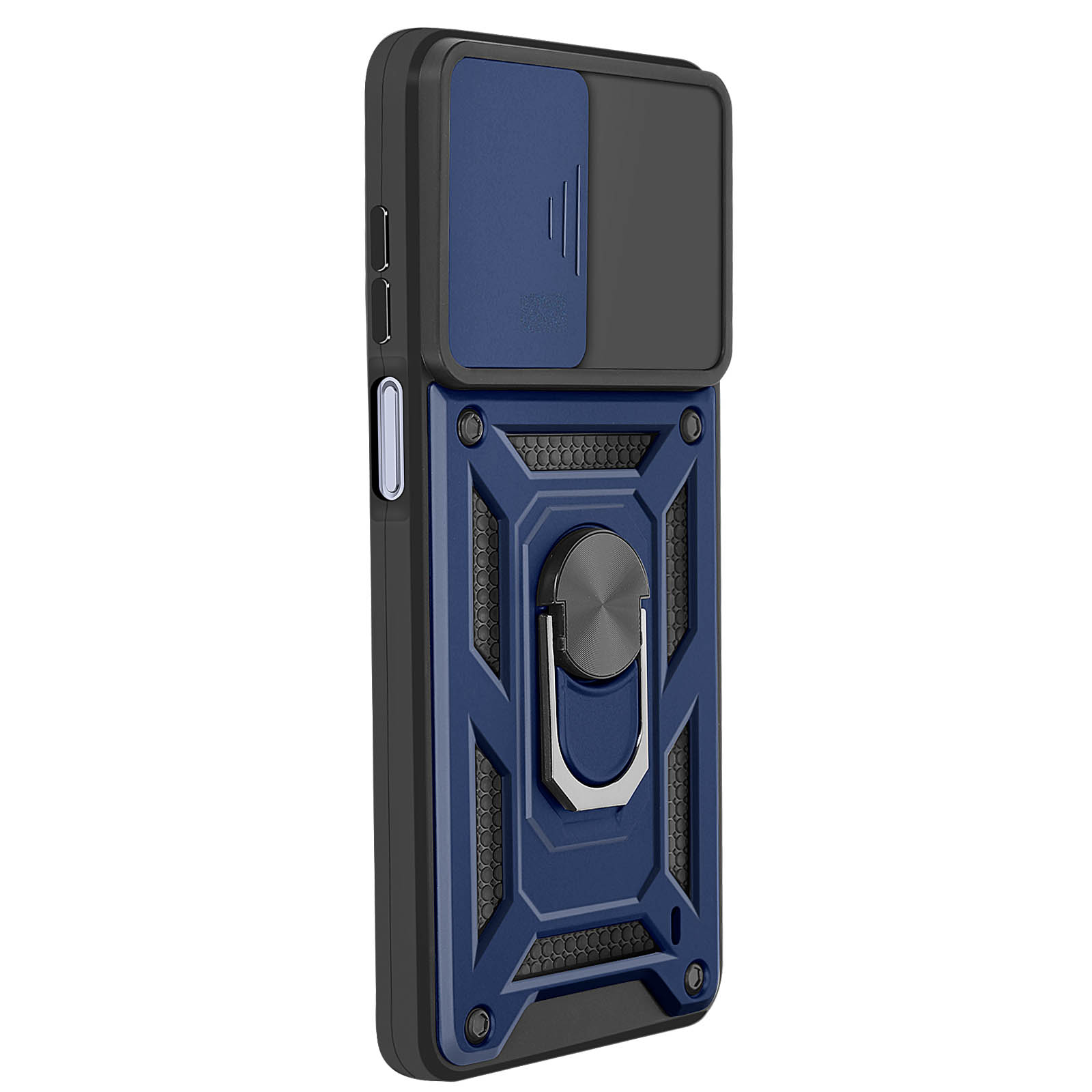 Blauwe en zwarte telefoonhoes met ringhouder en camerahoes, met een geometrisch ontwerp.