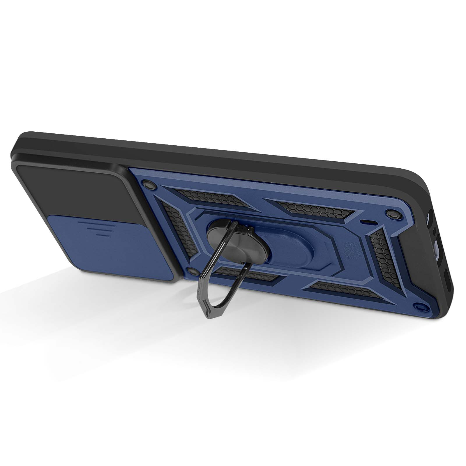 Een blauwzwarte telefoonhoes met een ringhouder, iets omhoog gekanteld. De achtergrond is wit.