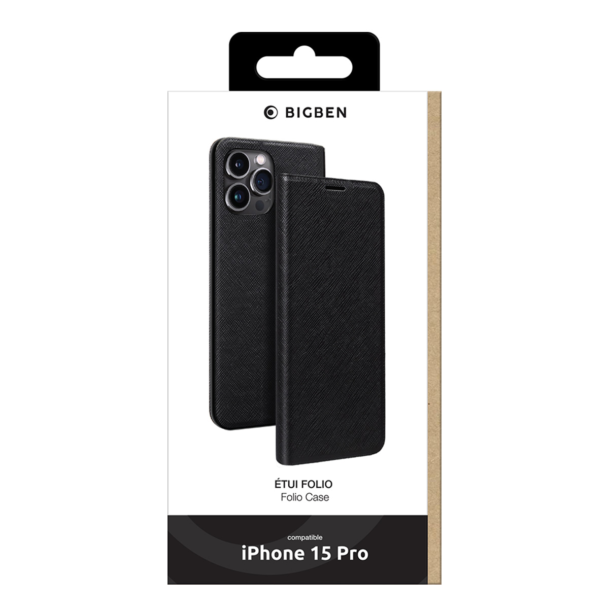 Una custodia a libro nera per iPhone 15 Pro è mostrata nella sua confezione. La custodia è realizzata in materiale strutturato. Il marchio è Bigben.