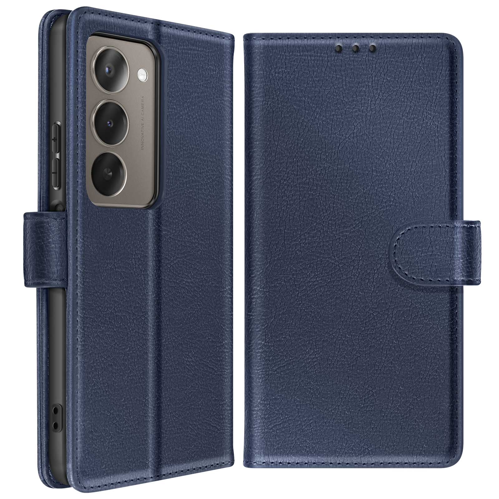 Una custodia per telefono in pelle blu, aperta per rivelare un telefono. La custodia ha una chiusura magnetica.