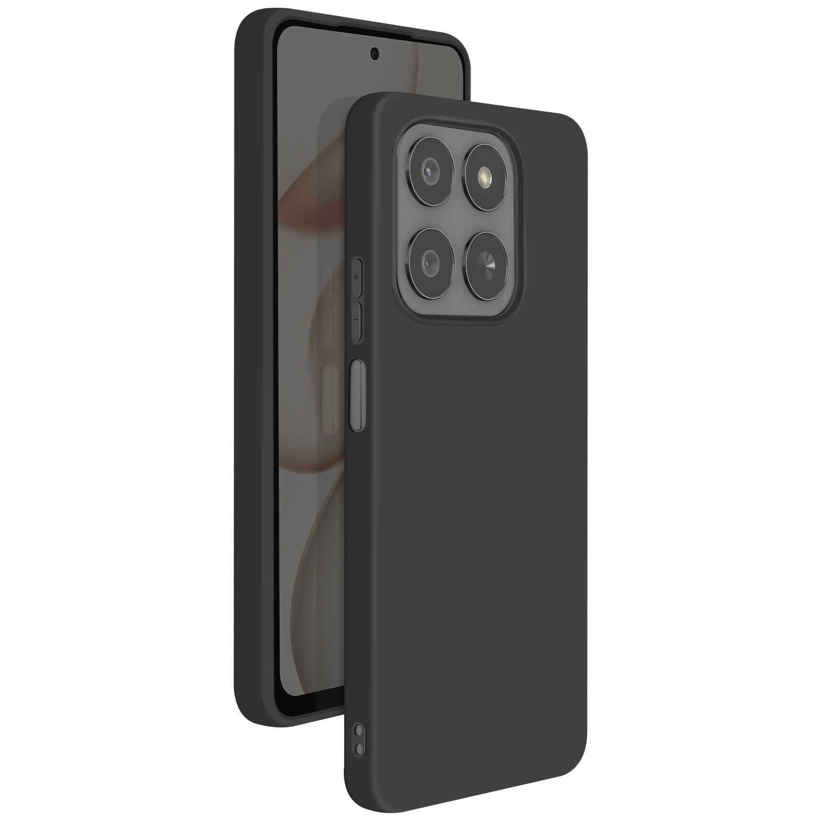 Un telefono nero in una custodia nera. Il telefono ha uno schermo e obiettivi della fotocamera. Lo sfondo è bianco.