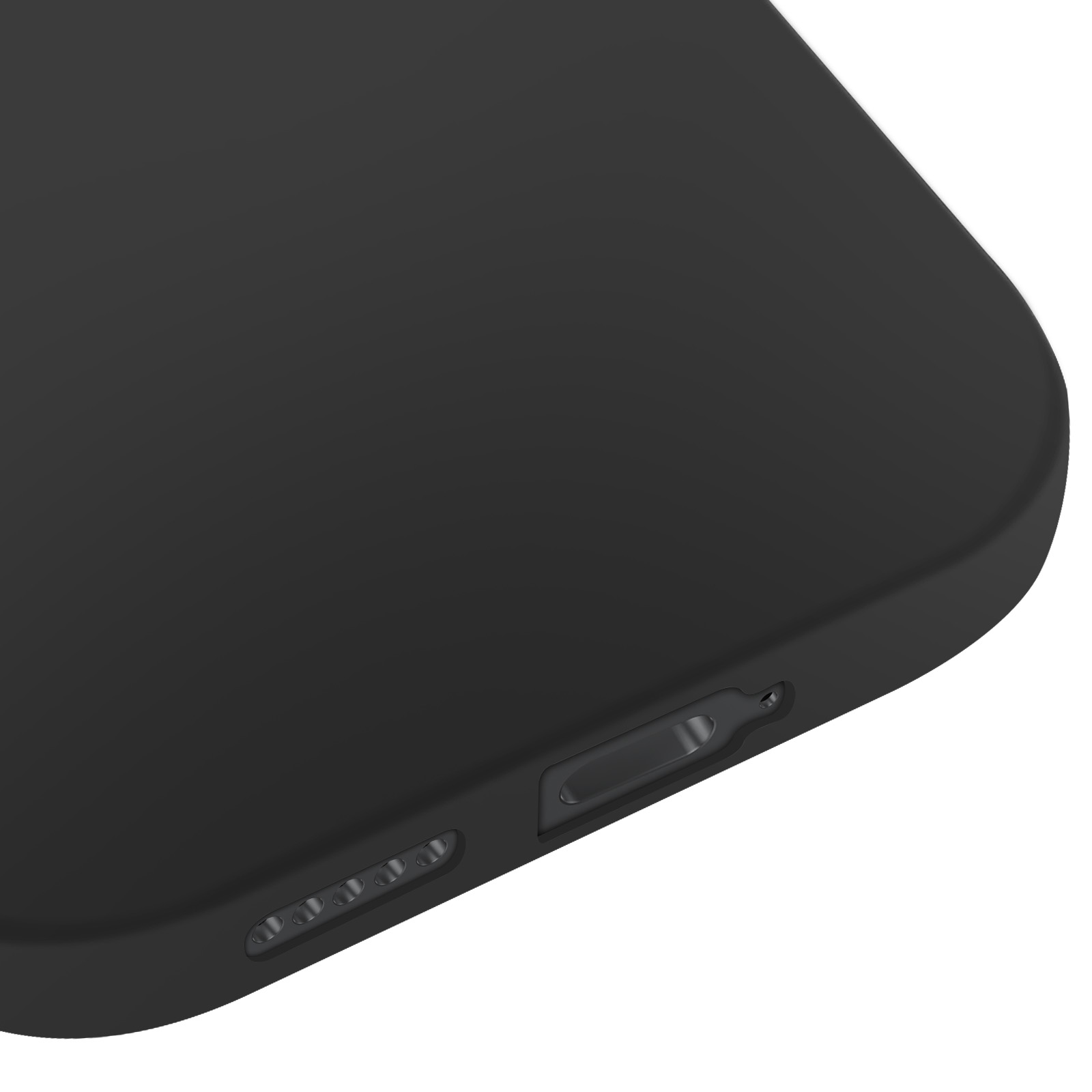 Primo piano di un telefono nero. Il lato mostra un bilanciere del volume, un pulsante di accensione e una porta di ricarica.