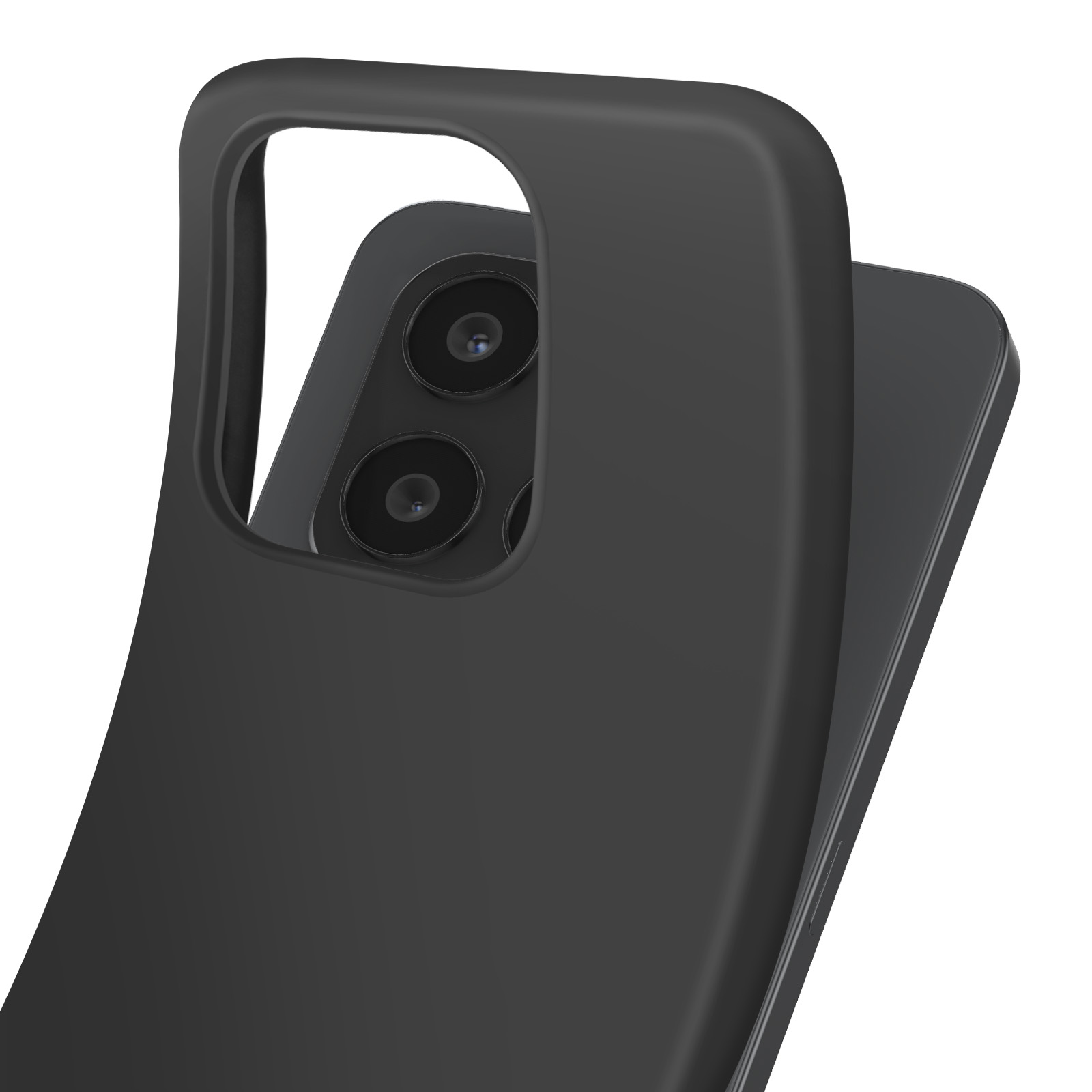 Primo piano di una custodia nera per telefono. La custodia ha un ritaglio per la fotocamera che rivela tre lenti. Sfondo bianco.