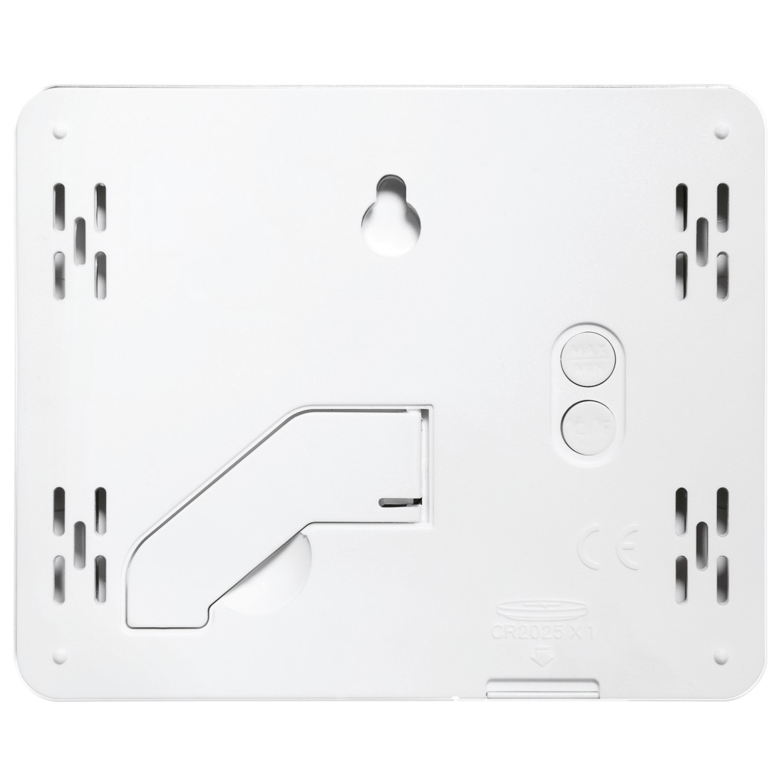 Tył białego prostokątnego urządzenia. Posiada otwór do zawieszania, przyciski, otwory wentylacyjne i komorę baterii. Znak CE obecny.