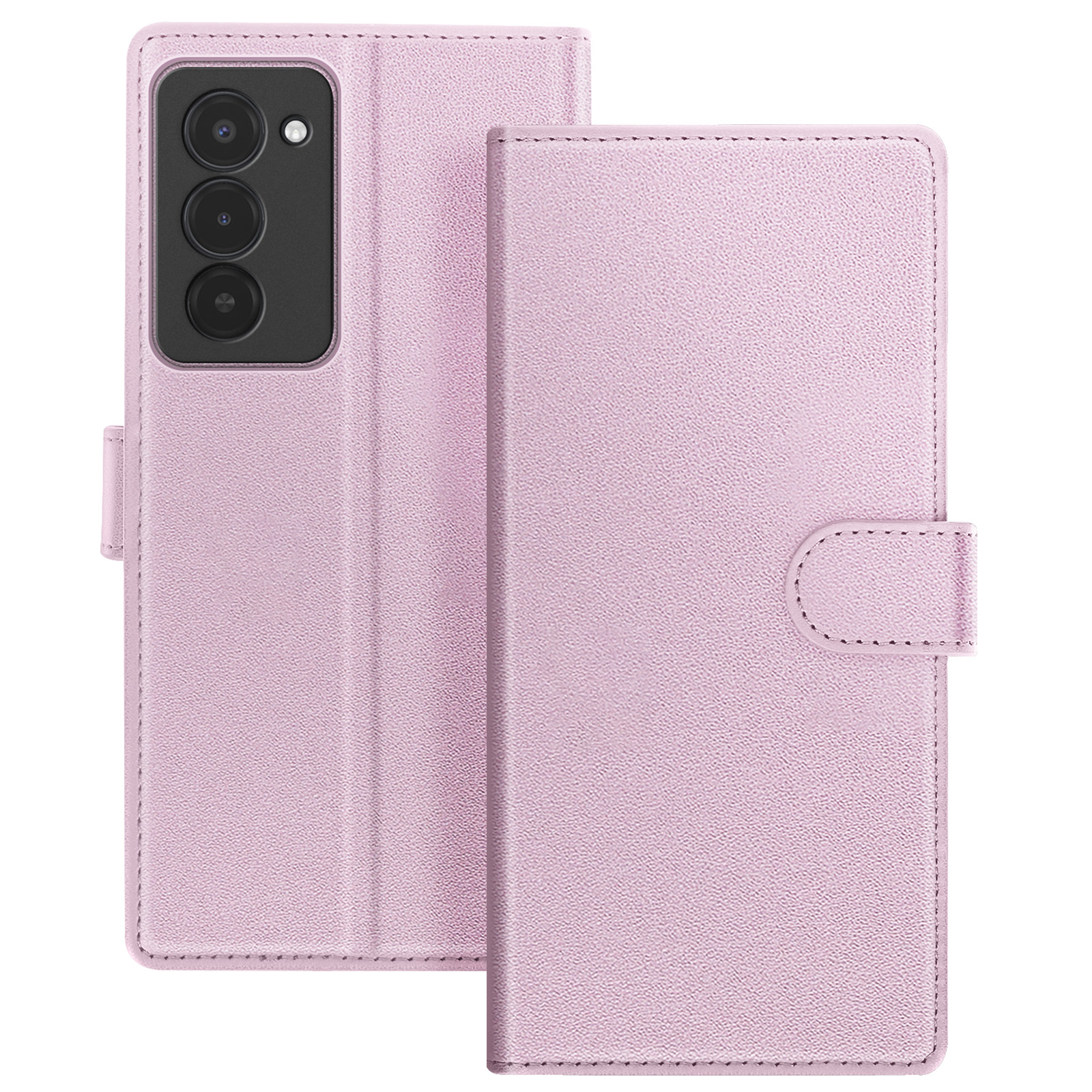 Een roze telefoonhoesje is open. De telefoon is links zichtbaar met drie cameralenzen. De rechterkant is gesloten.