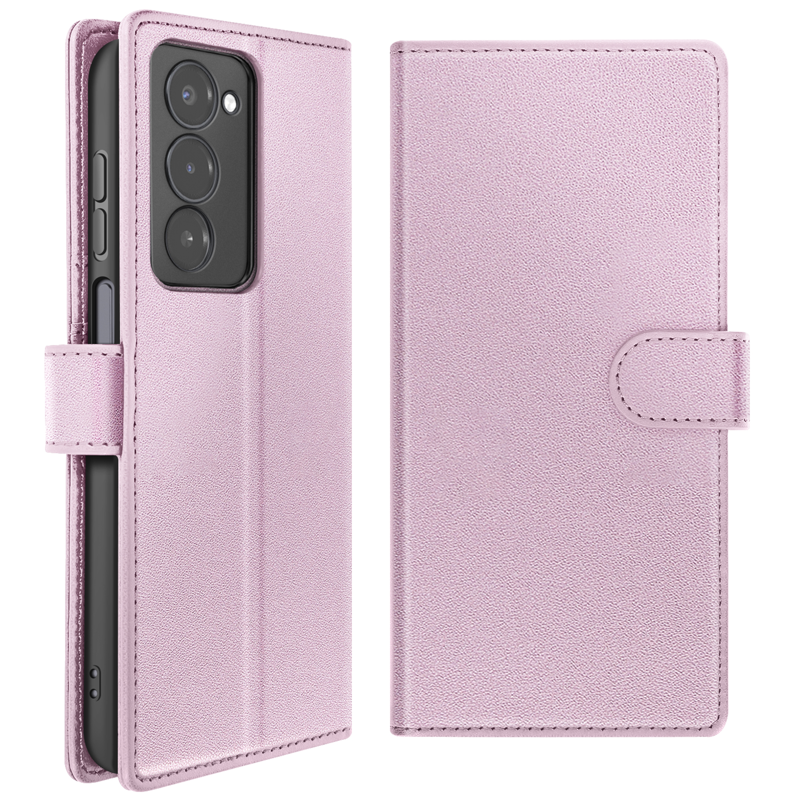 Een roze telefoonhoesje met een portemonnee-ontwerp. Het is open en onthult de telefoon en de binnenkant.
