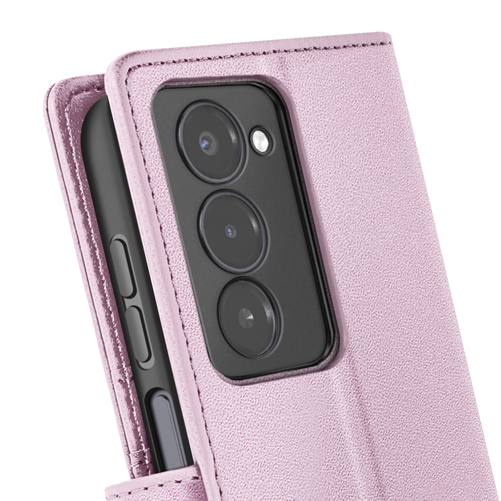 Close-up van een roze telefoonhoesje met een zwarte cameramodule. De hoes is open en onthult een zwarte telefoon.