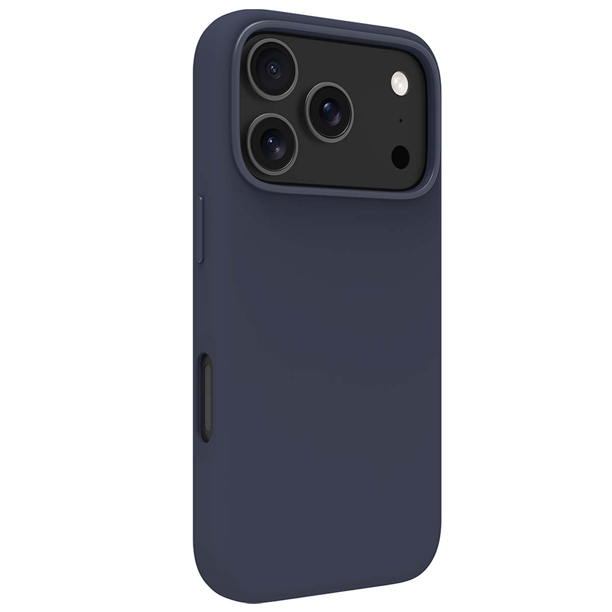Una custodia per telefono blu scuro. Ha un modulo fotocamera con tre lenti e un flash. La custodia ha copri pulsanti laterali.