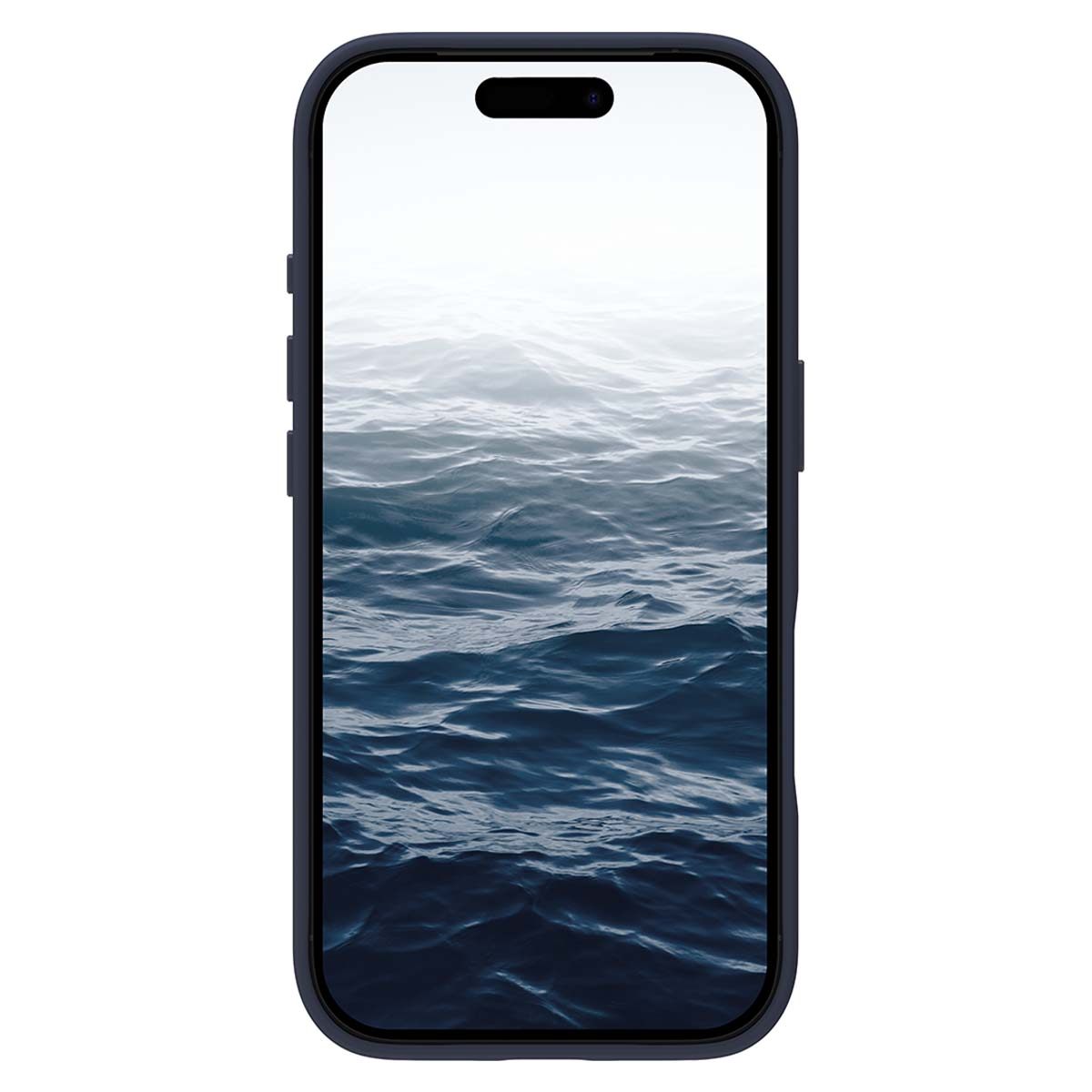 Uno smartphone mostra una scena marina. Il telefono ha una custodia blu scuro. Lo schermo mostra le onde dell'oceano con un orizzonte nebbioso.