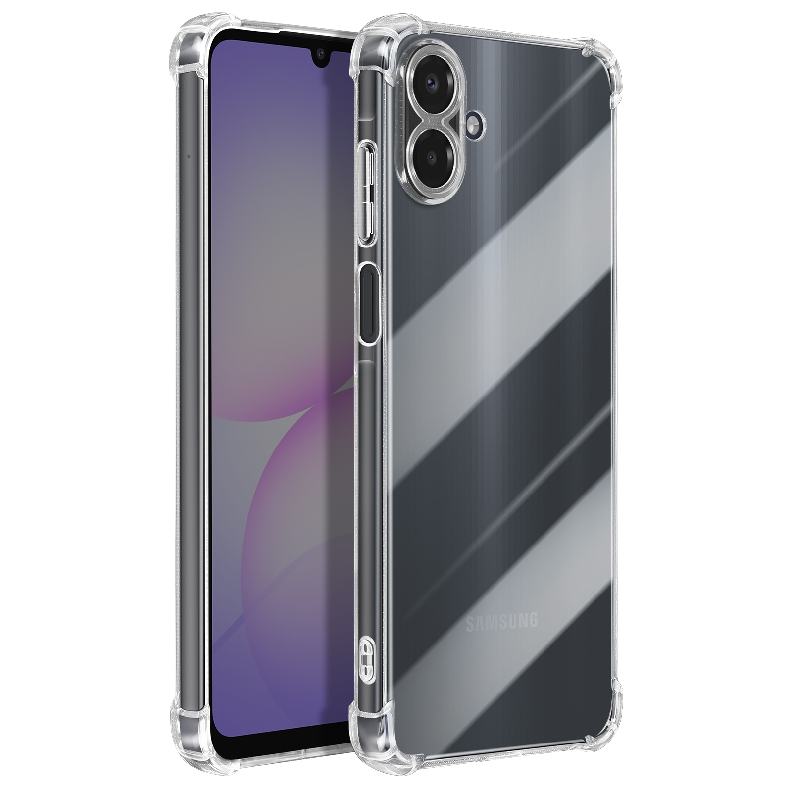 Een transparante telefoonhoes beschermt een Samsung-telefoon. De hoes is transparant met versterkte hoeken. Samsung-logo zichtbaar.