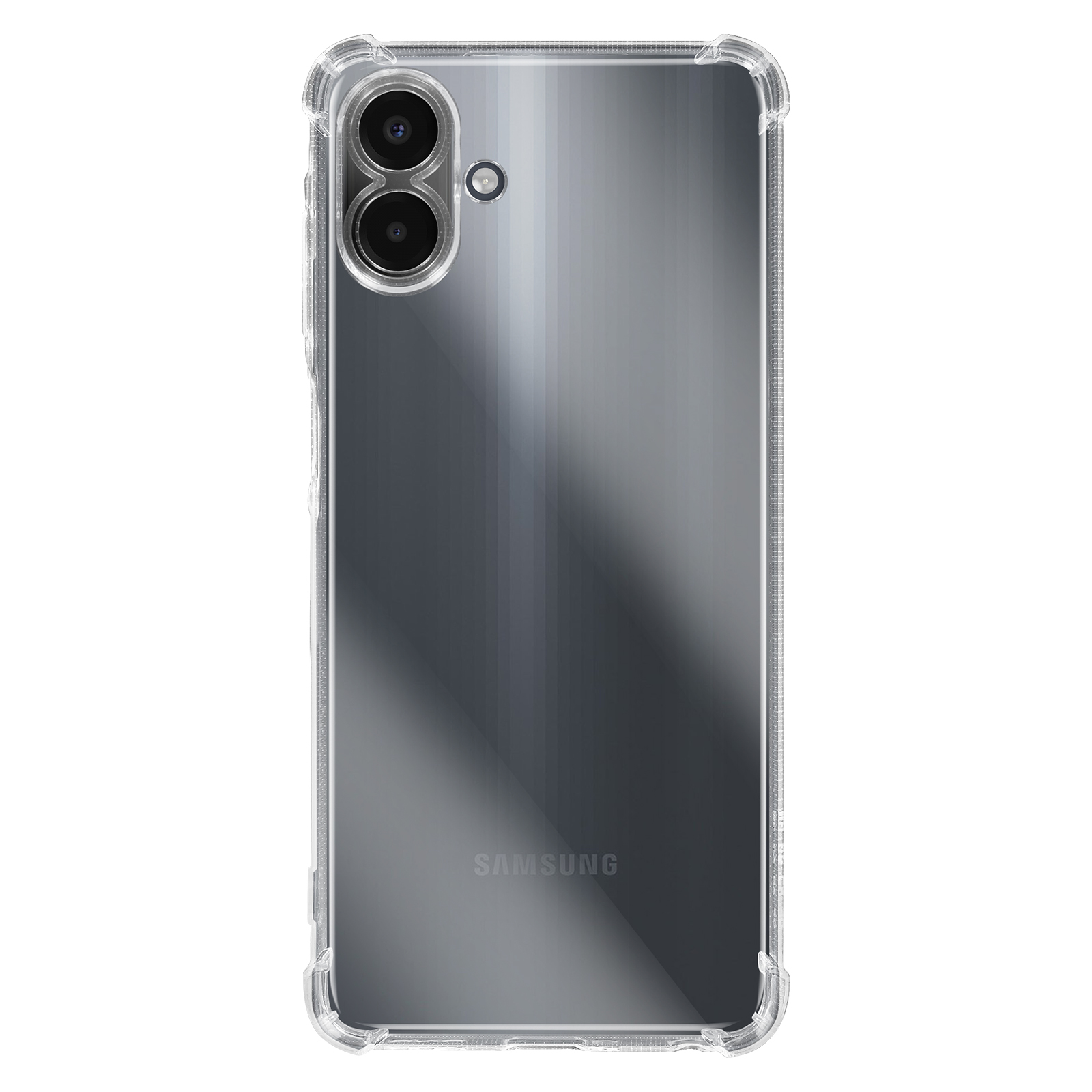 Transparante telefoonhoes op een Samsung-telefoon, met twee camera's en het Samsung-logo.
