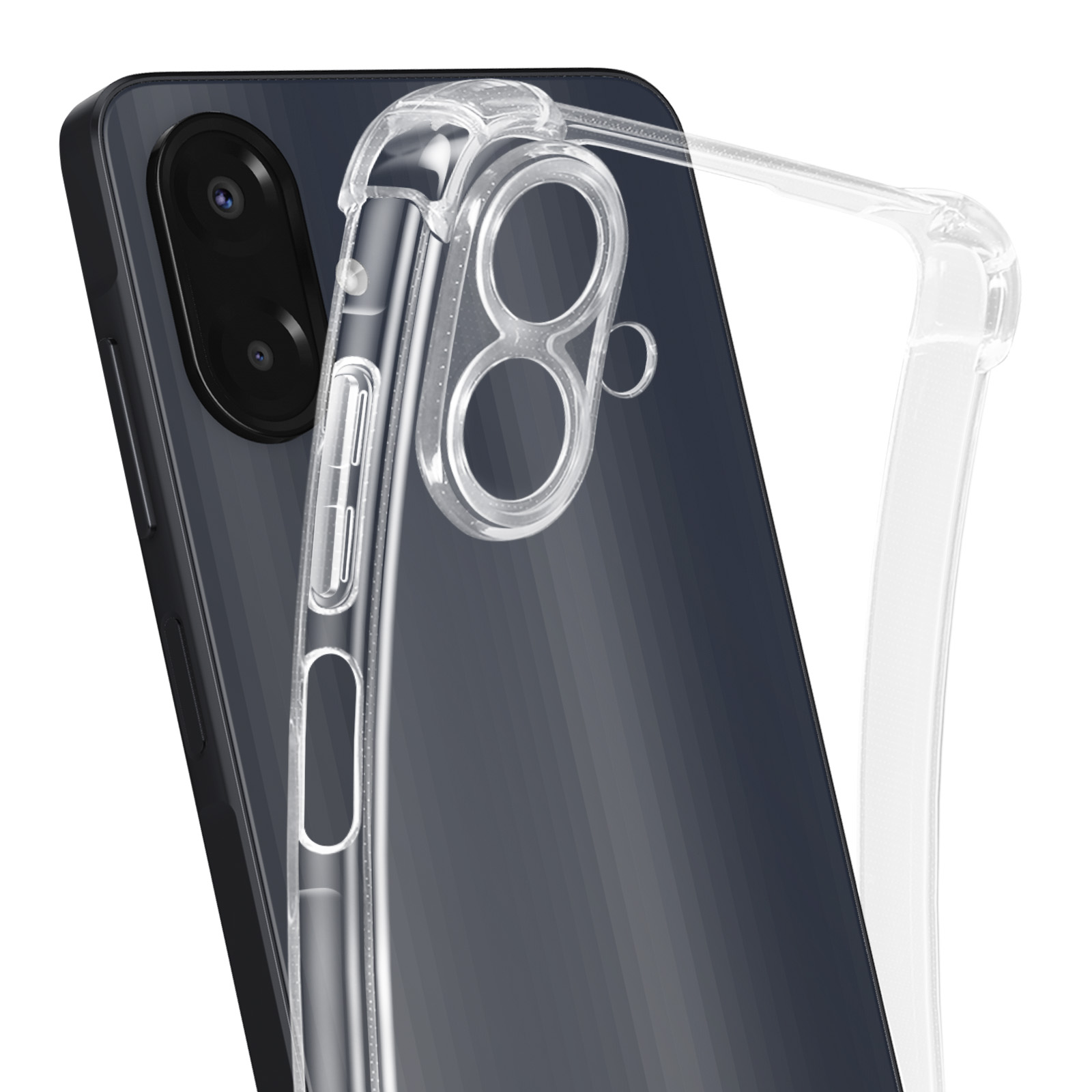 Een doorzichtige telefoonhoes zit over een donkere telefoon. De hoes heeft openingen voor de camera en knoppen.