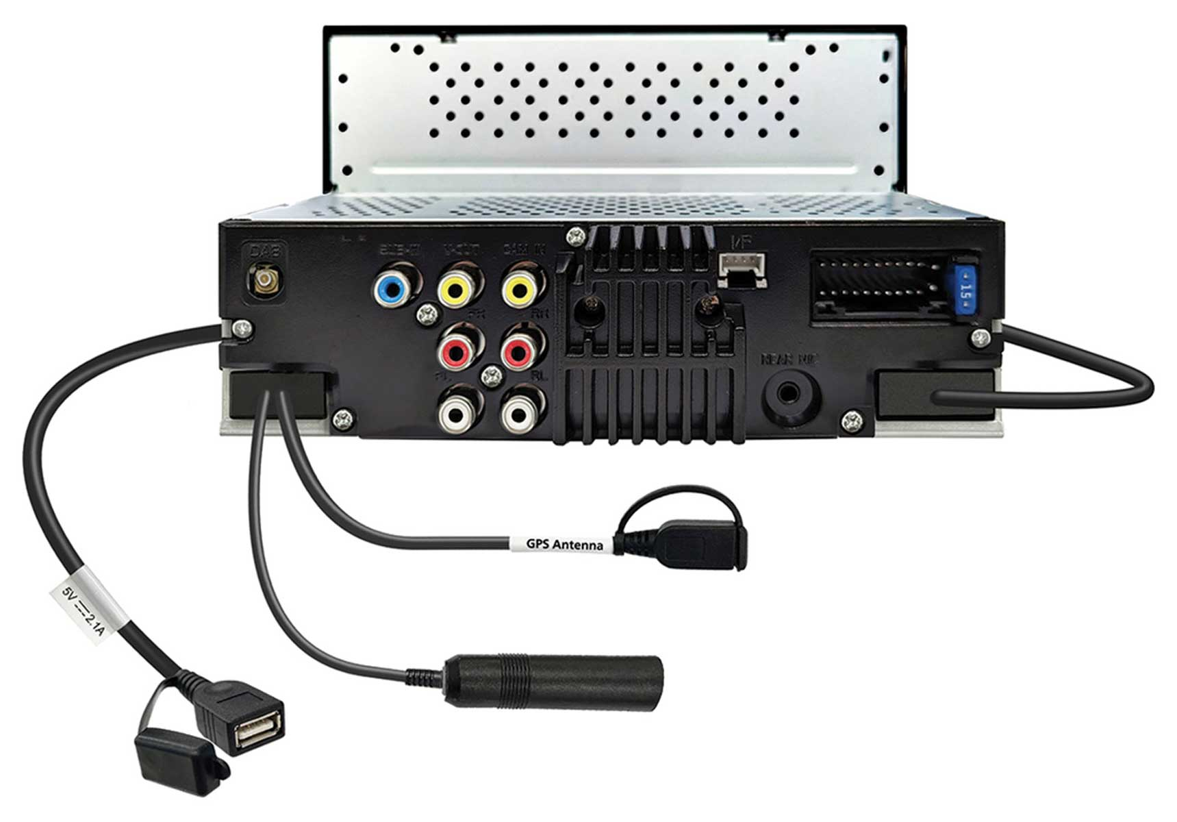 Vue arrière d'un autoradio montrant divers ports d'entrée/sortie, câbles et connecteurs, dont une antenne GPS et un port USB.