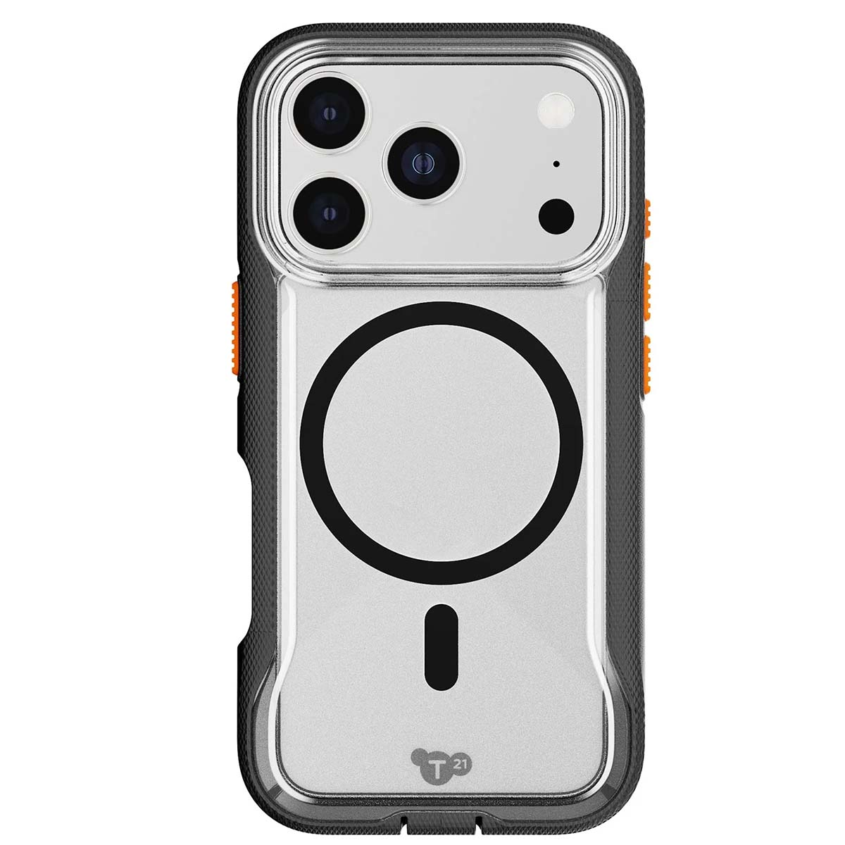 Una custodia per telefono con cornice nera e retro trasparente. Presenta un cerchio nero e un design a trattino e ritagli per la fotocamera.