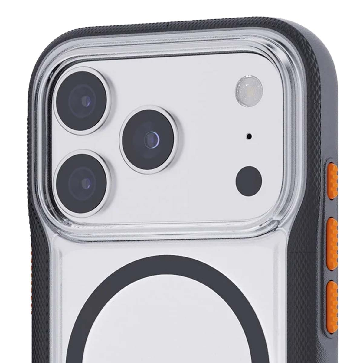 Primo piano di una custodia per telefono. Visibili le lenti della fotocamera, il flash e i pulsanti. La custodia è grigia, con accenti arancioni e una cornice trasparente.