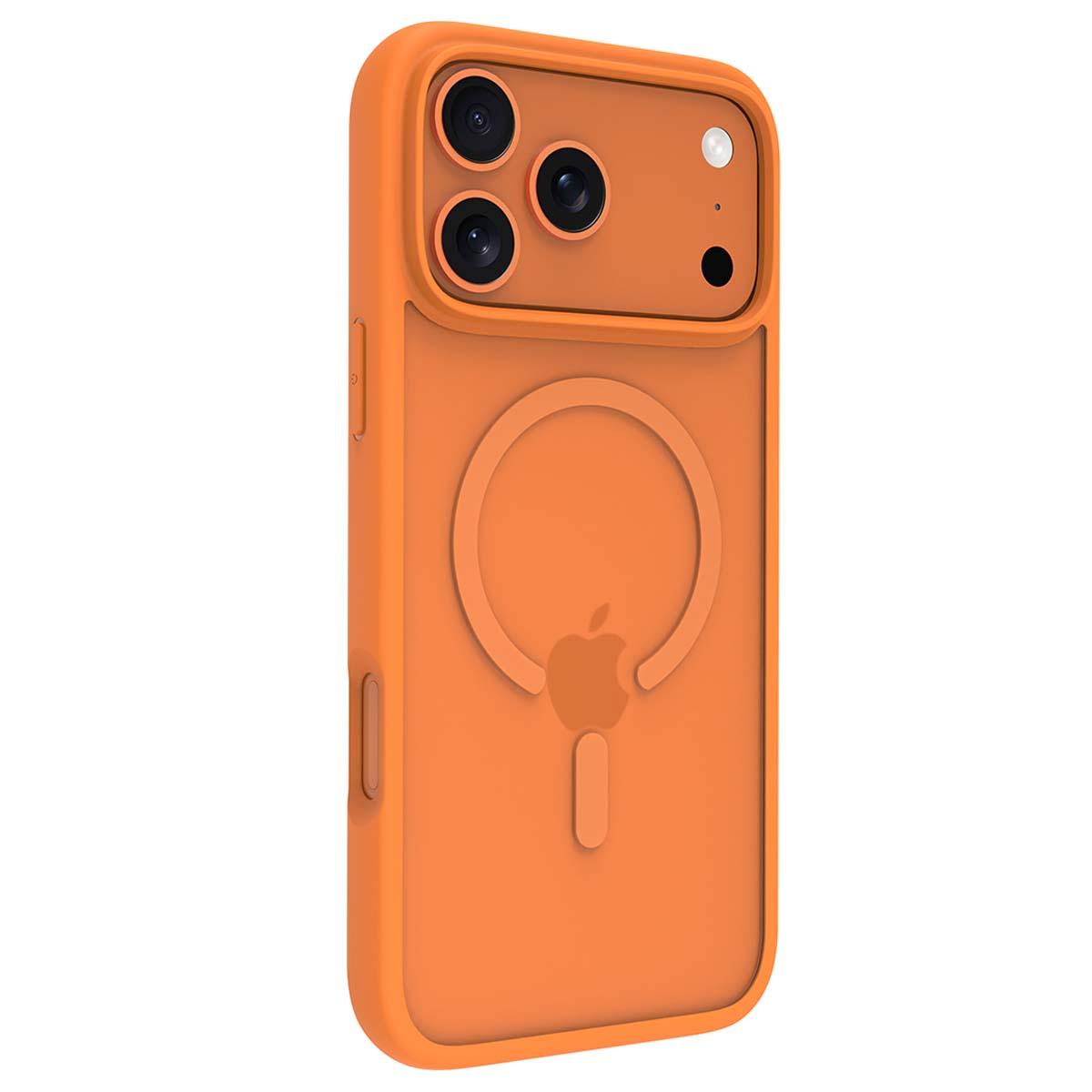 Custodia arancione per iPhone. Caratteristiche: fori fotocamera, logo Apple e anello MagSafe. Design protettivo, tinta unita.