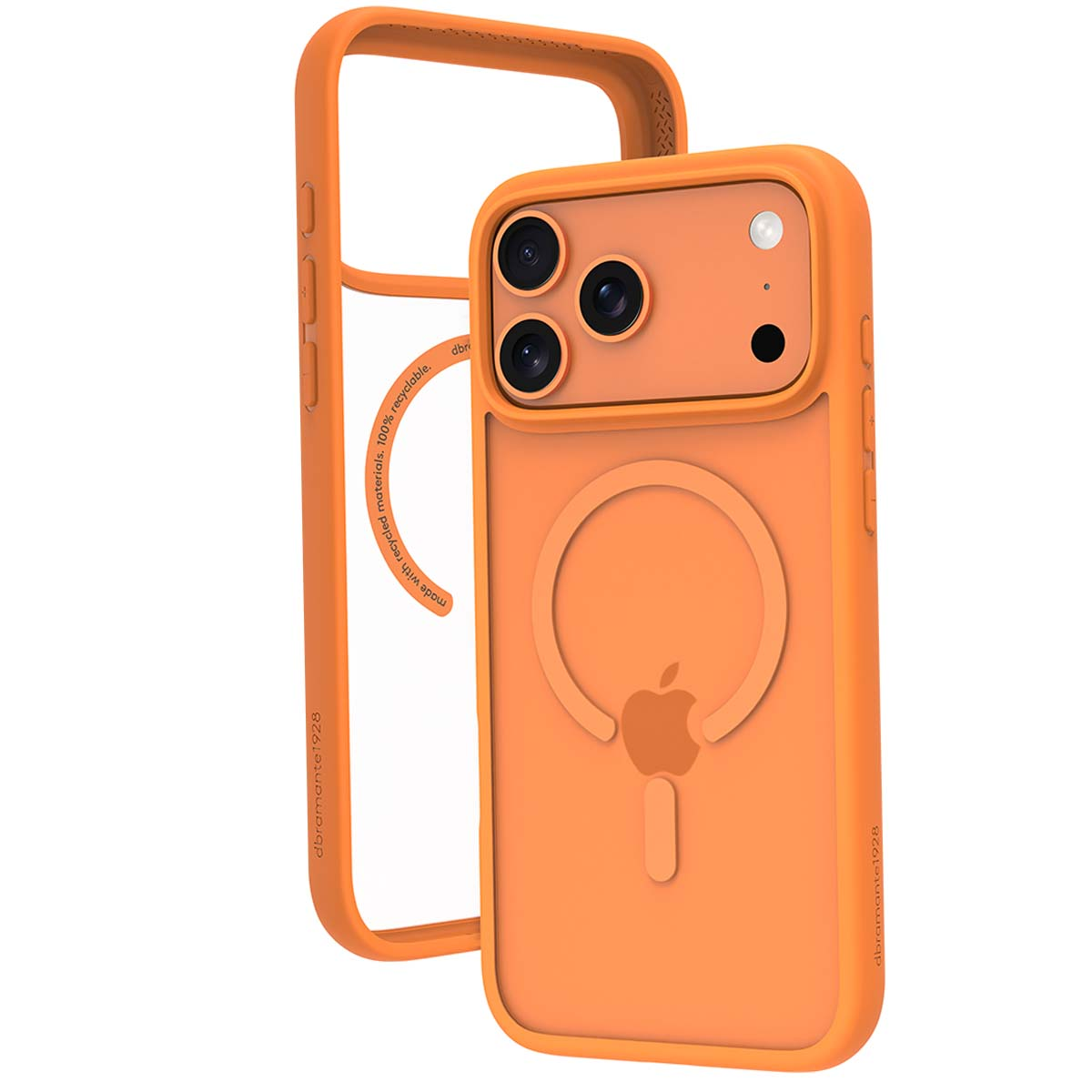 Viene mostrata una custodia arancione per iPhone con un telaio trasparente. La custodia ha un logo Apple, tre lenti della fotocamera ed è realizzata con materiali riciclati.