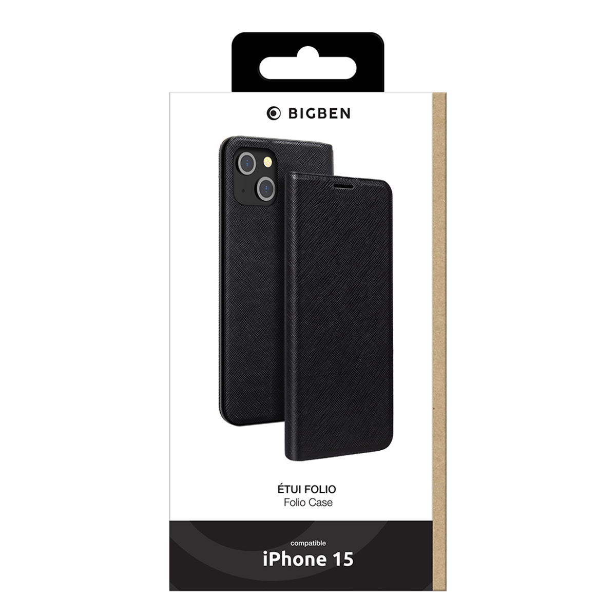 Custodia per telefono nera per iPhone 15, con logo BIGBEN. È una custodia a portafoglio. La confezione è bianca e marrone.