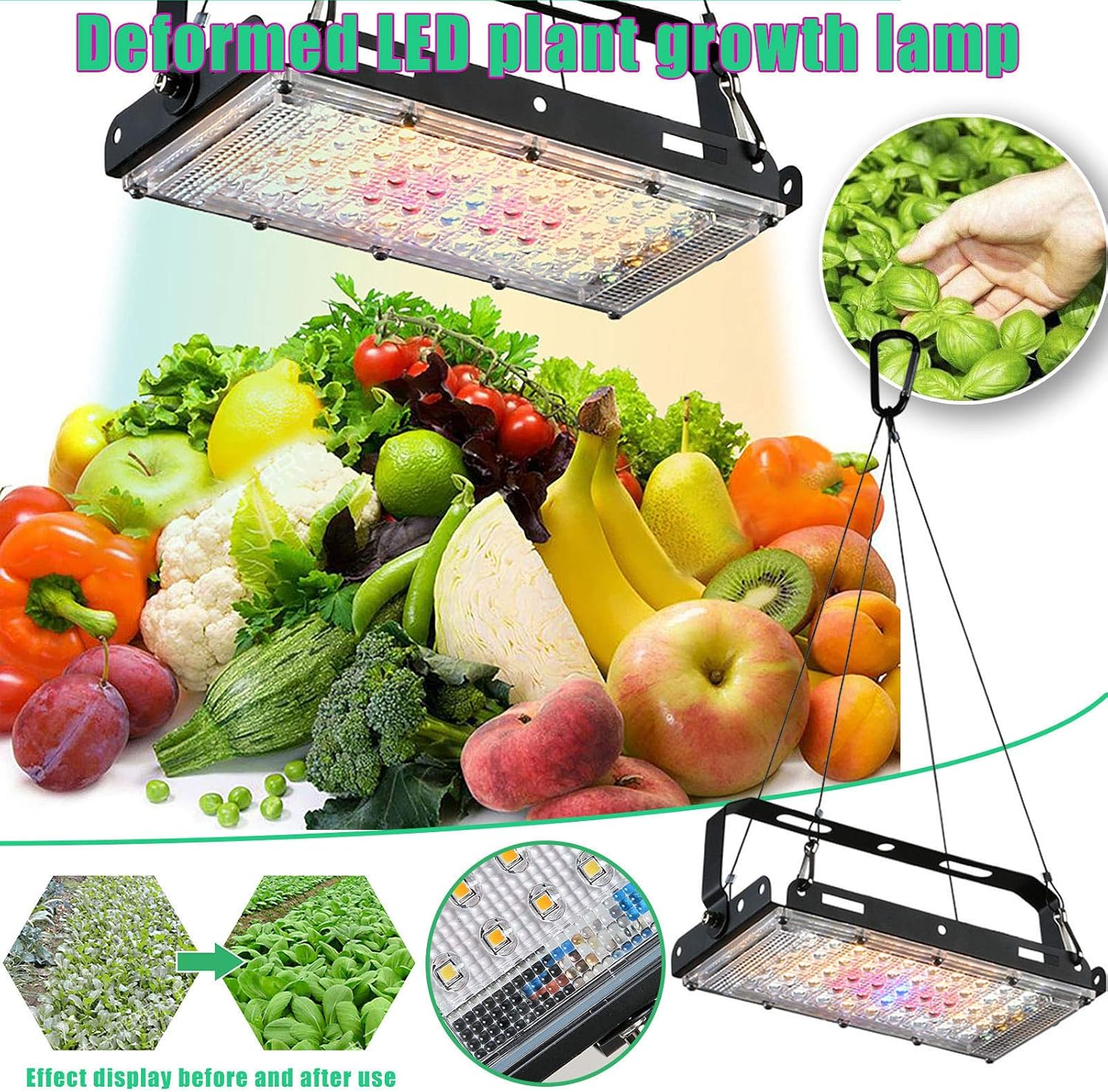 Eine LED-Pflanzenwachstumslampe über einer Vielzahl von Obst und Gemüse. Enthält eine Hand, die Basilikum hält, und Vorher-/Nachher-Pflanzenwachstum.