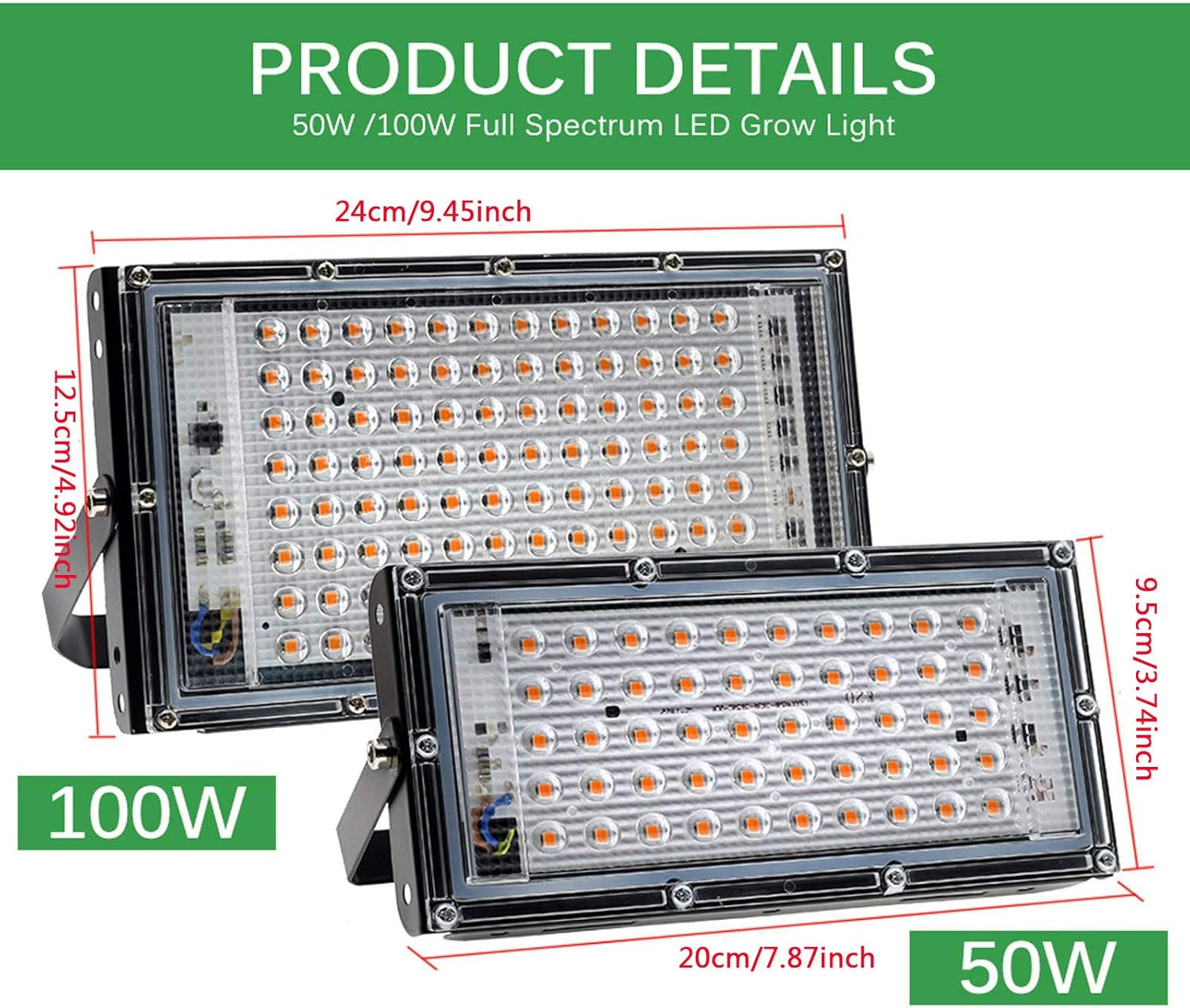 Zwei LED-Wachstumslampen, eine größere mit der Aufschrift 100W und eine kleinere mit der Aufschrift 50W. Abmessungen und Produktdetails sind ebenfalls angegeben.