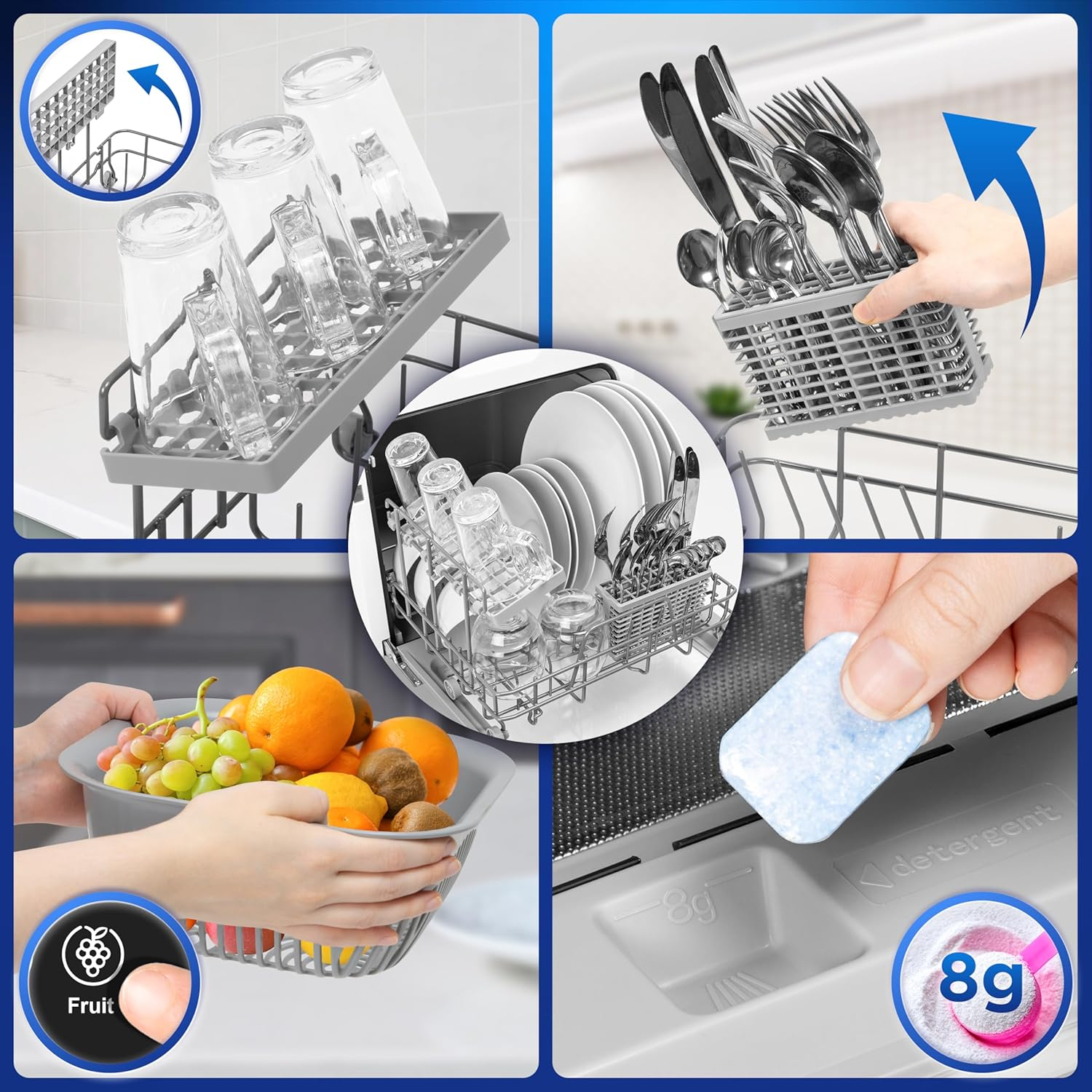 Geschirrspüler mit Gläsern, Besteck, Tellern und Obst. Eine Hand hält eine Spülmaschinentablette. Verschiedene Elemente sind gezeigt.