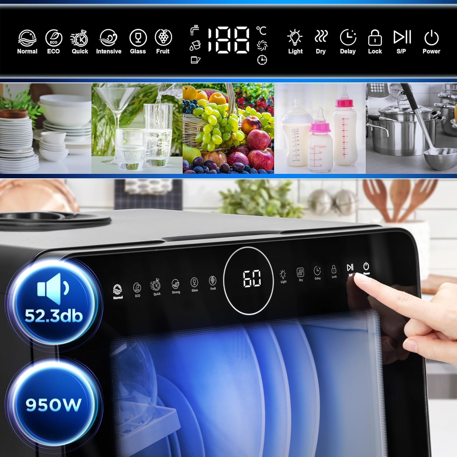 Geschirrspüler mit Digitalanzeige, die Temperatur und Zyklusoptionen anzeigt. Enthält Bilder von Geschirr, Obst, Babyflaschen und Töpfen.