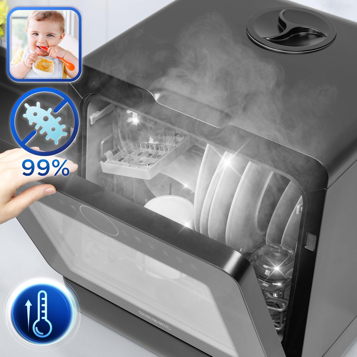 Geschirrspüler mit Dampf, offene Tür. Ein Baby isst in einem Rahmen. 99% Bakterienelimination. Thermometer-Symbol.