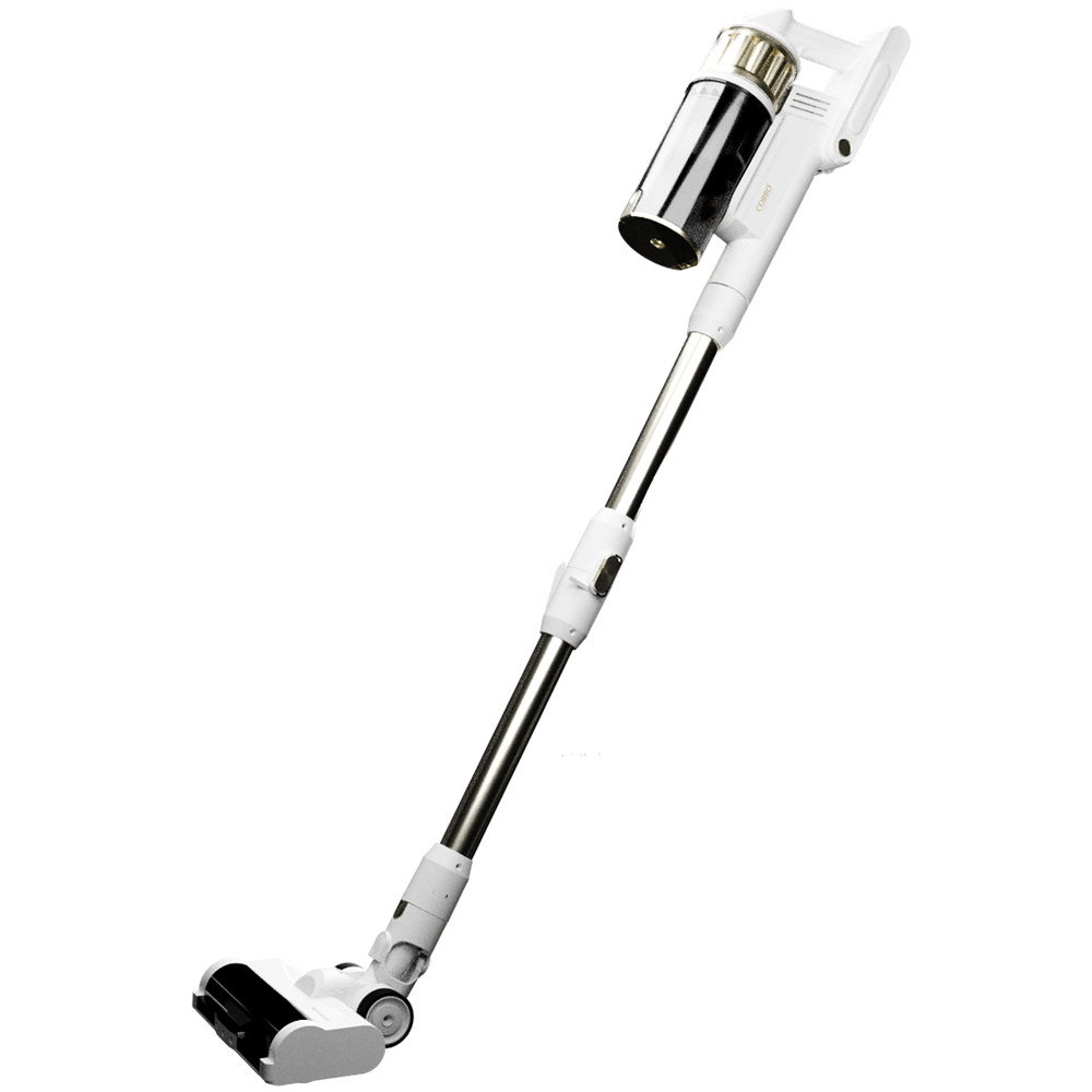 Biały i srebrny odkurzacz bezprzewodowy. Posiada czarny pojemnik na kurz, długi uchwyt i głowicę czyszczącą ze szczotką obrotową.