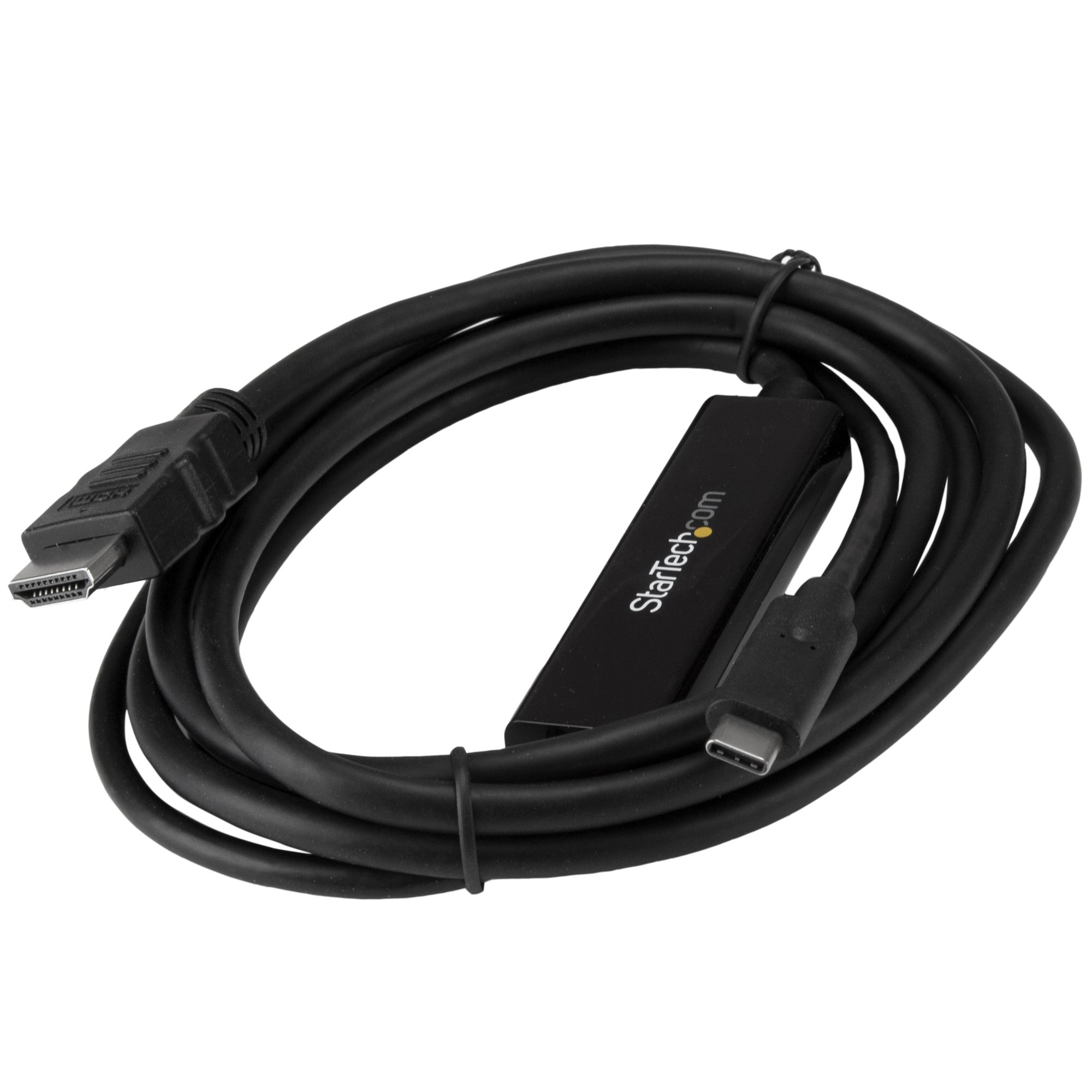 Un cable adaptador negro de HDMI a USB-C sobre fondo blanco. Tiene conectores en ambos extremos y una caja negra en el medio.