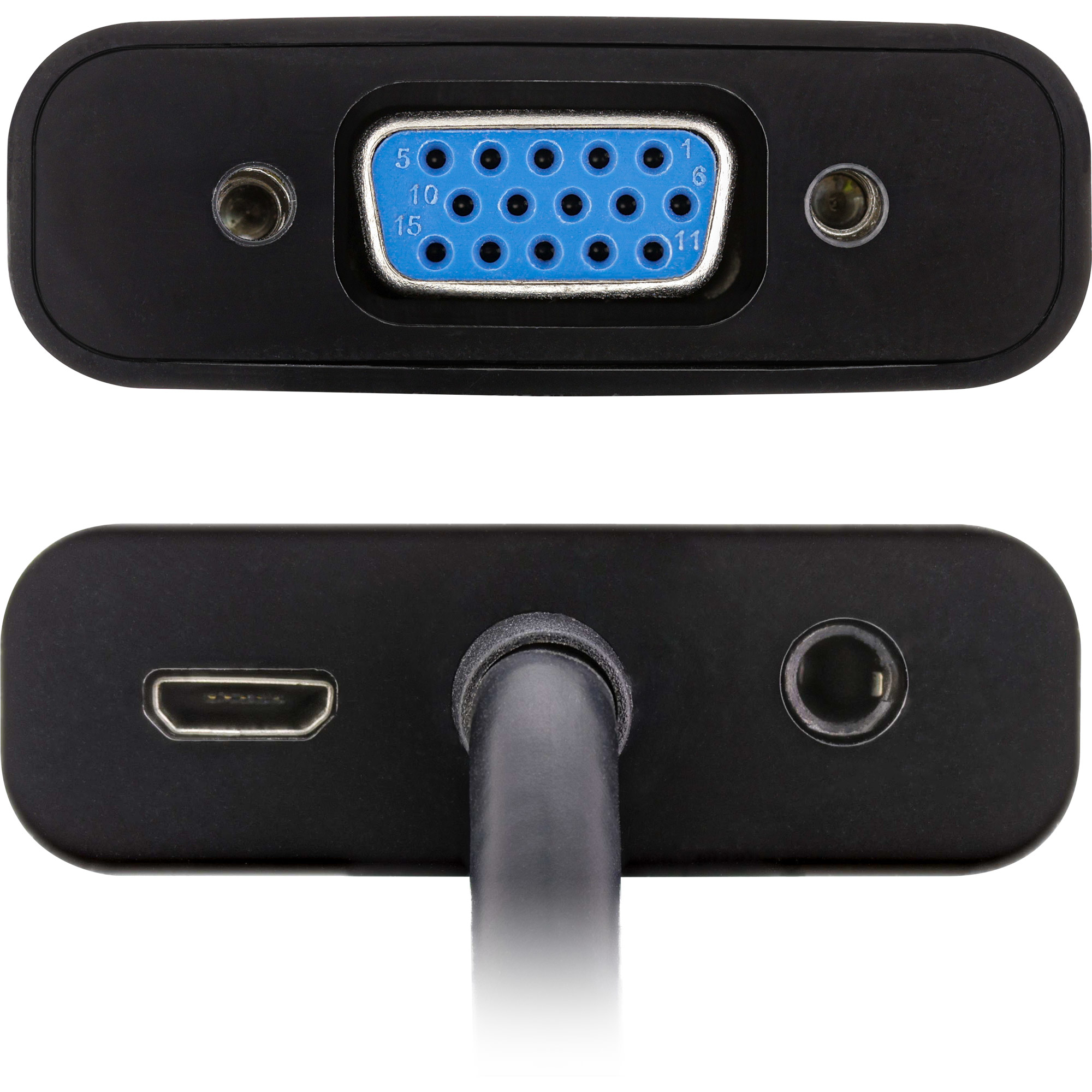 Schwarzer Adapter mit VGA-Anschluss, HDMI-Anschluss und Kopfhöreranschluss. Ein schwarzes Kabel.