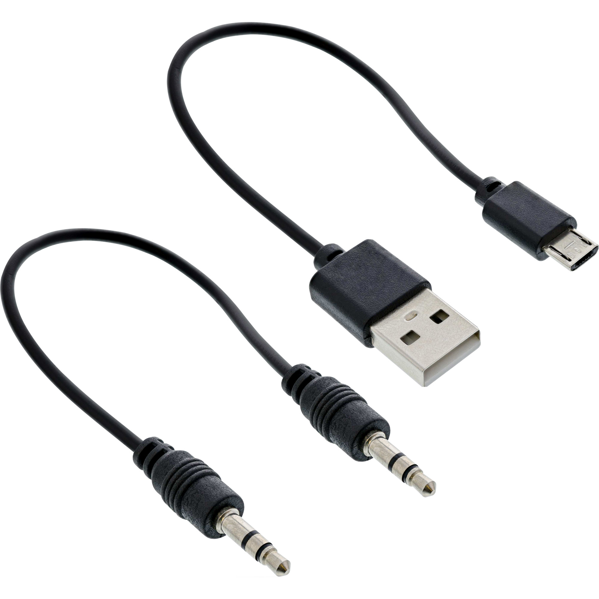 Zwei schwarze Kabel. Eines hat USB, das andere Micro-USB und einen 3,5-mm-Klinkenstecker.