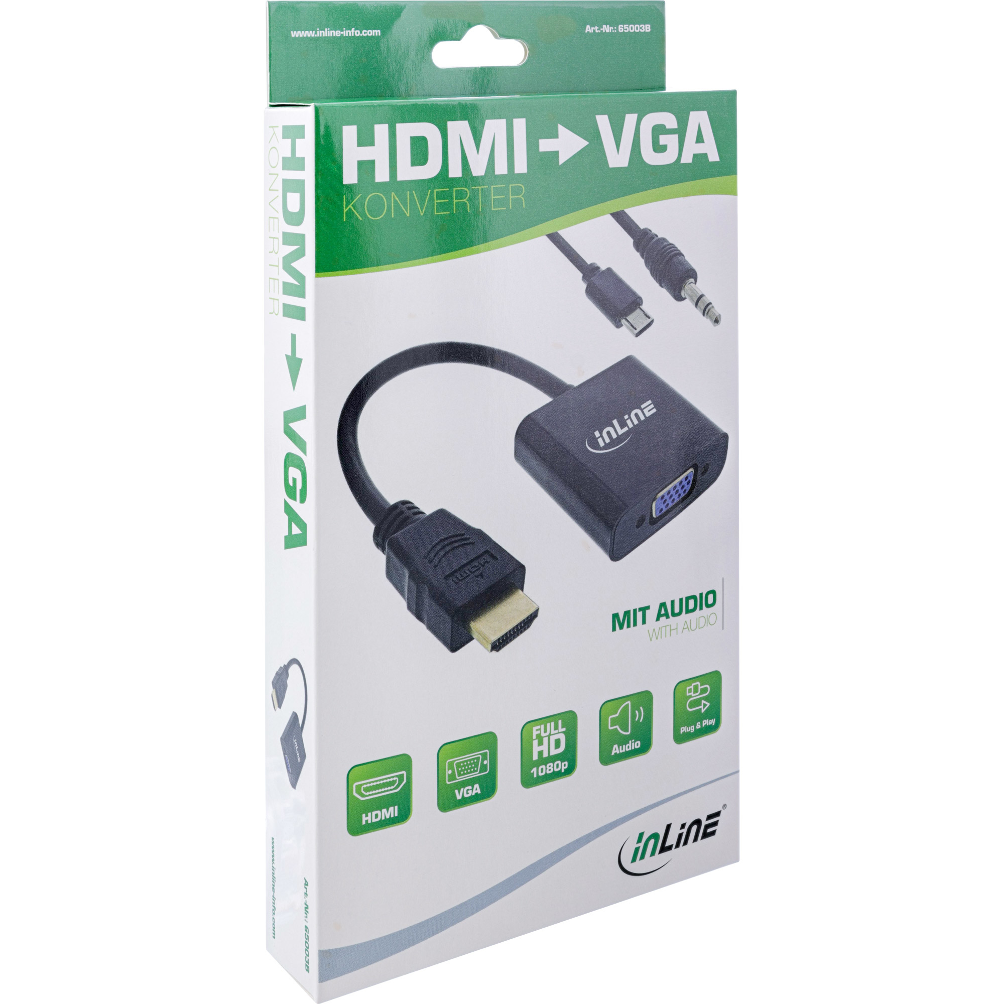Verpackter HDMI-zu-VGA-Konverter. Schwarzes Kabel mit Anschlüssen und Boxtext. Grüne und weiße Farben. Produktetikett.