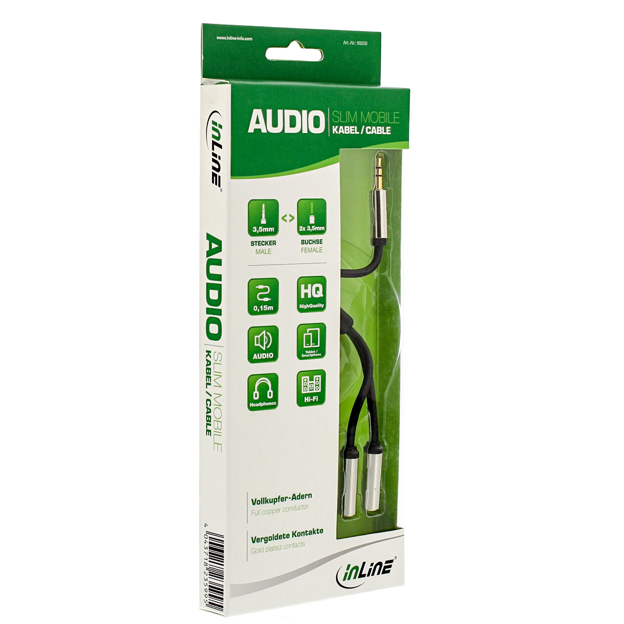 Verpacktes Audiokabel. Grüne und weiße Box mit Produktdetails. Kabel hat schwarze und silberne Stecker.