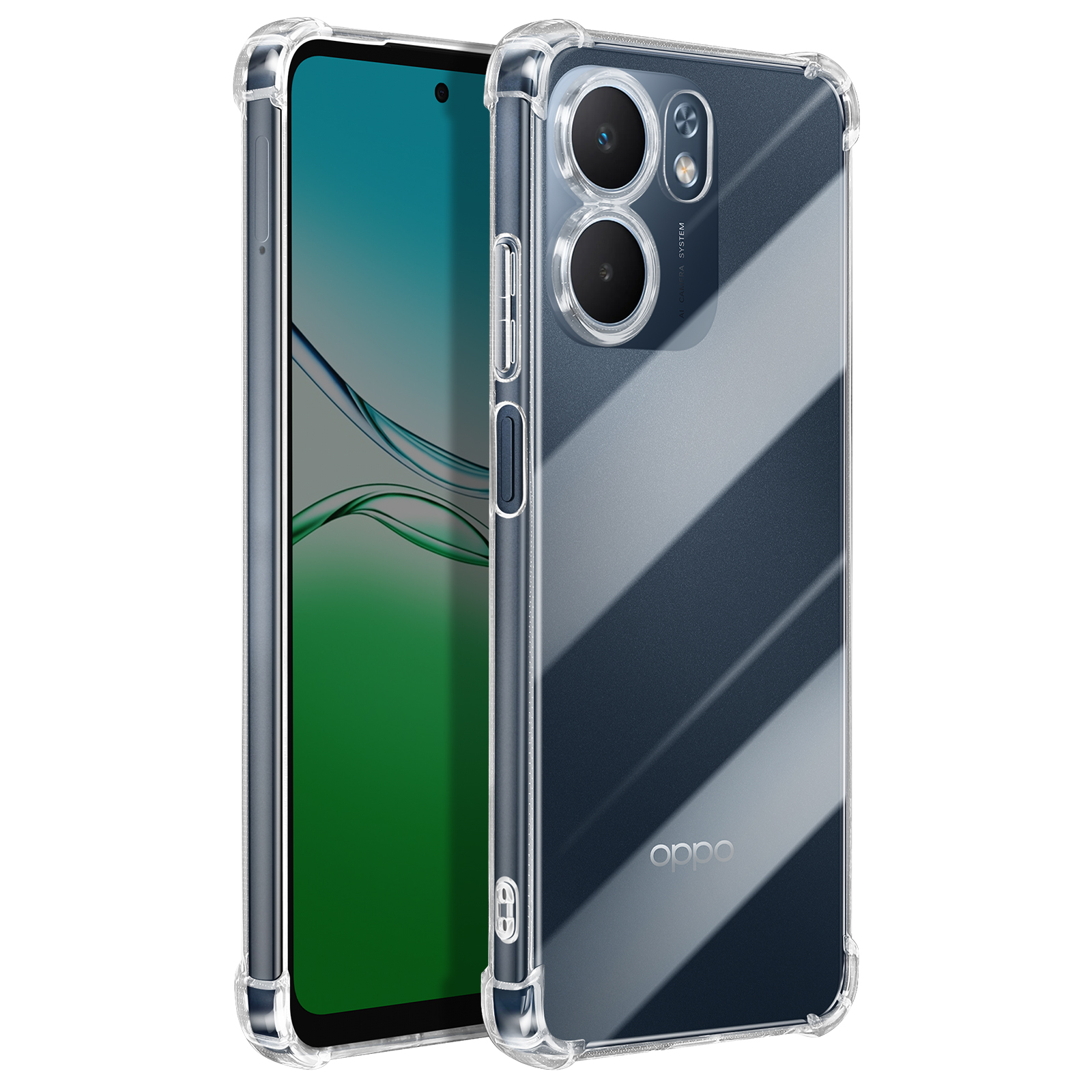 Uno smartphone in una custodia protettiva trasparente. Lo schermo è verde e blu. Il retro ha due fotocamere e il logo Oppo.
