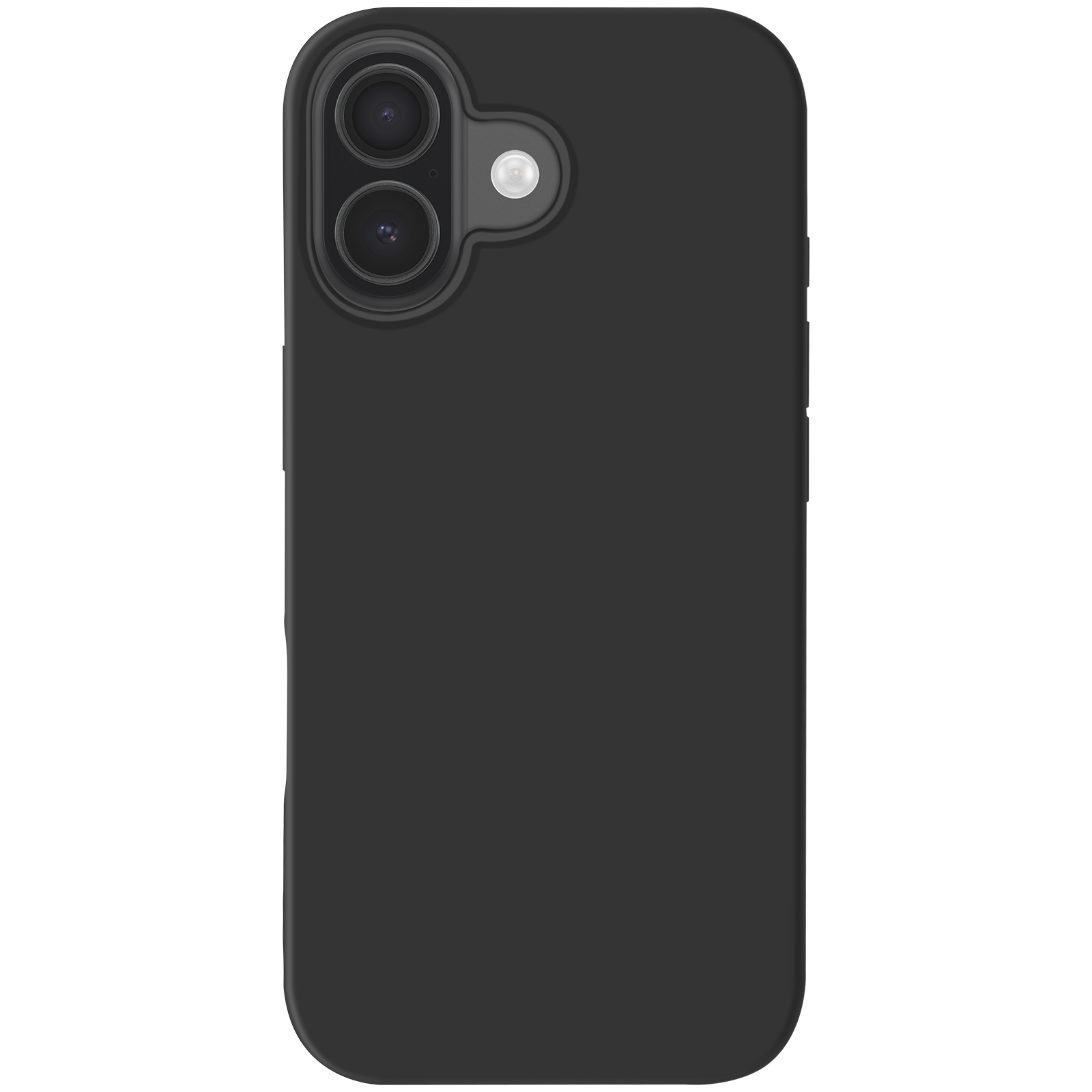 Una custodia nera per telefono. In alto ci sono due lenti della fotocamera e un flash. La custodia copre il telefono.
