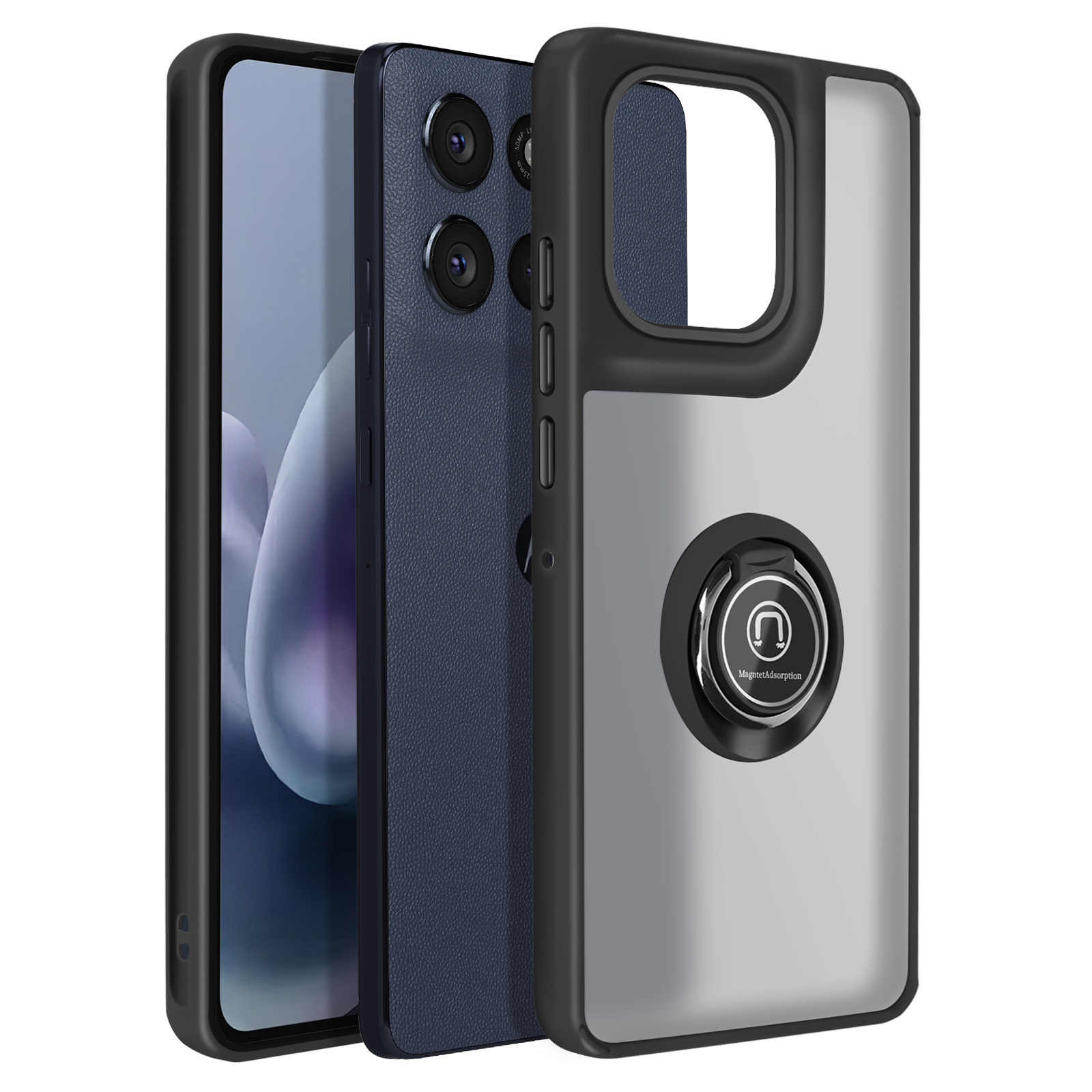Een telefoon in een hoesje. De telefoon is donkerblauw, met een zwarte hoes en een ringhouder.
