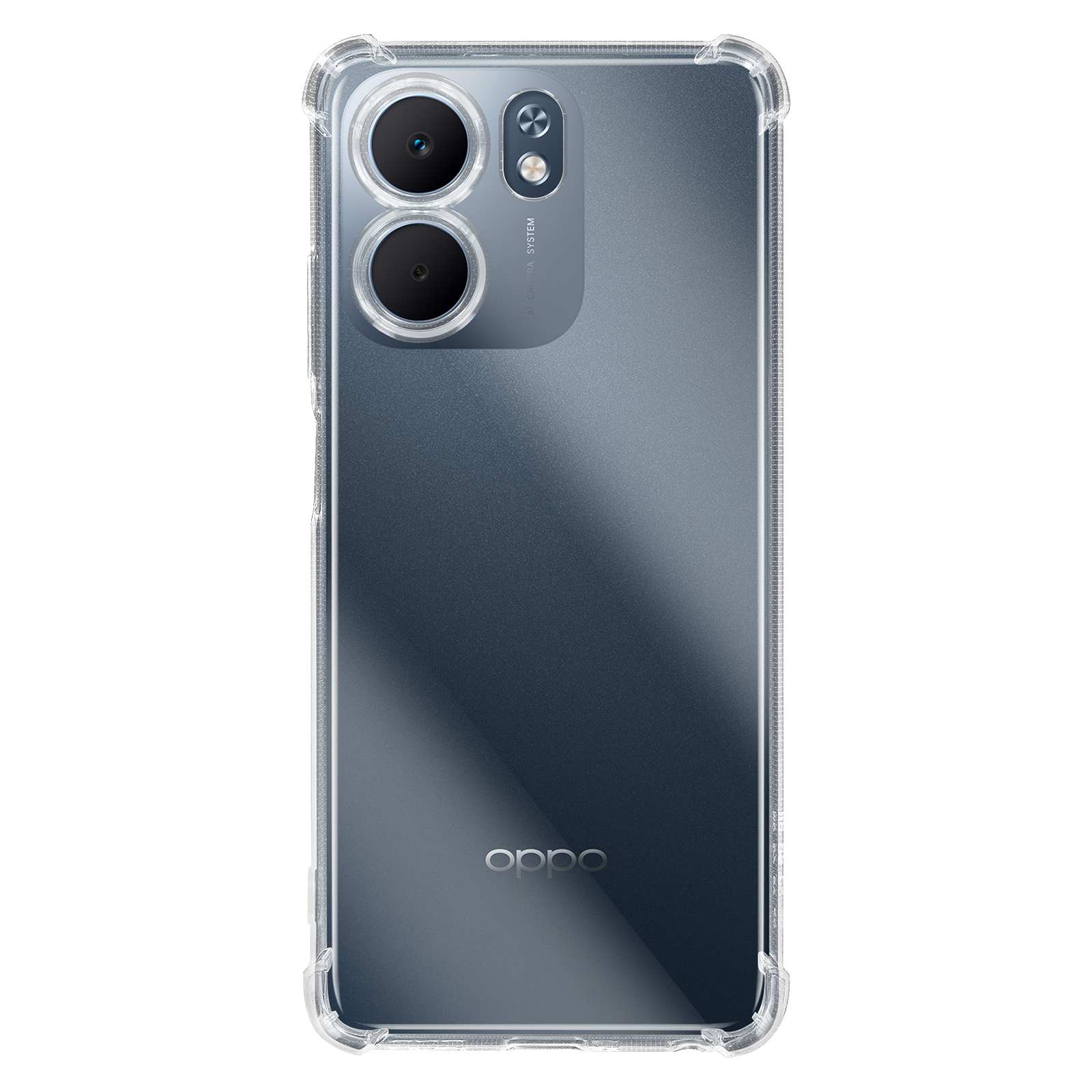 Un telefono in una custodia trasparente. Sono visibili il retro del telefono, le lenti della fotocamera e il logo OPPO.