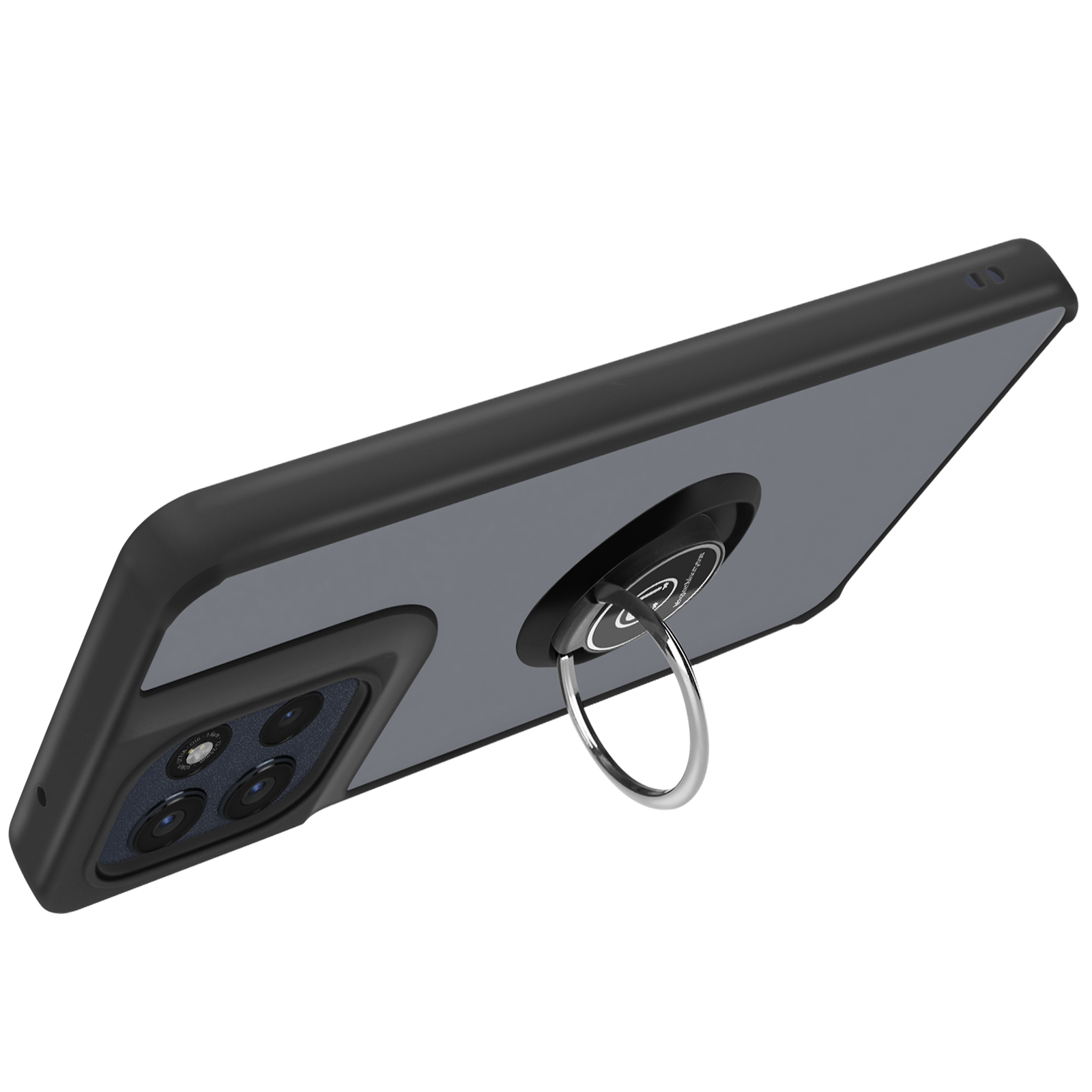 Zwarte telefoonhoes met een zilveren ringhouder. De hoes heeft een grijze achterkant en een cameramodule. Witte achtergrond.