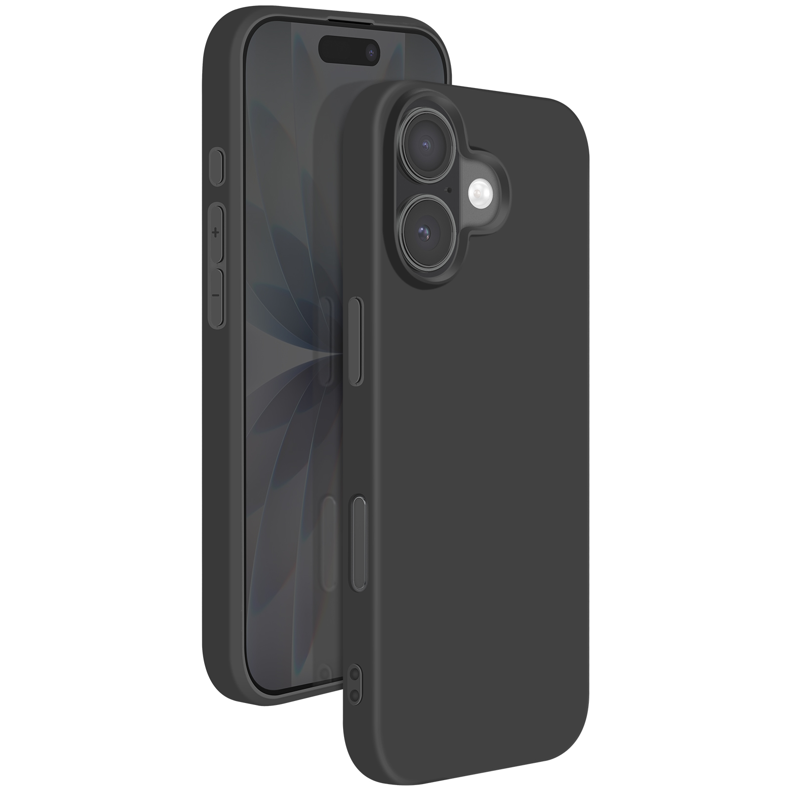 Telefono nero con custodia abbinata. La custodia ha lenti della fotocamera. Lo schermo del telefono è visibile. La scena è su sfondo bianco.