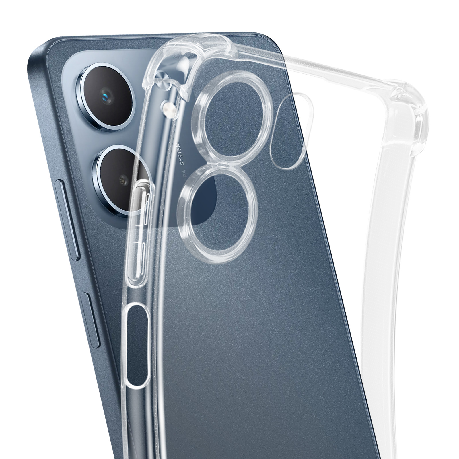 Una custodia trasparente per telefono è su un telefono blu. La custodia ha aperture per le lenti della fotocamera.