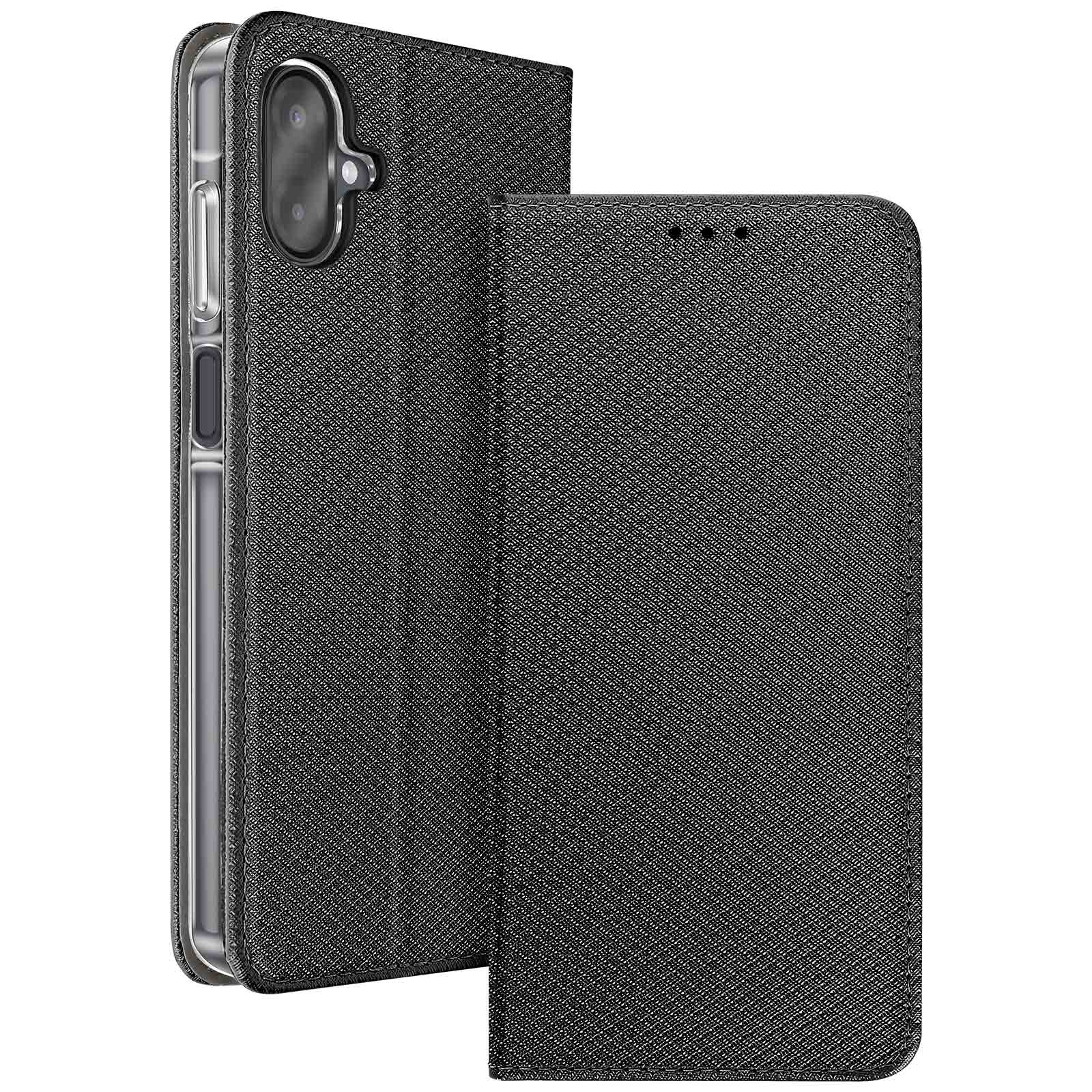 Custodia per telefono nera, aperta. Mostra il telefono all'interno e la cover. Superficie strutturata, tre fori in alto.