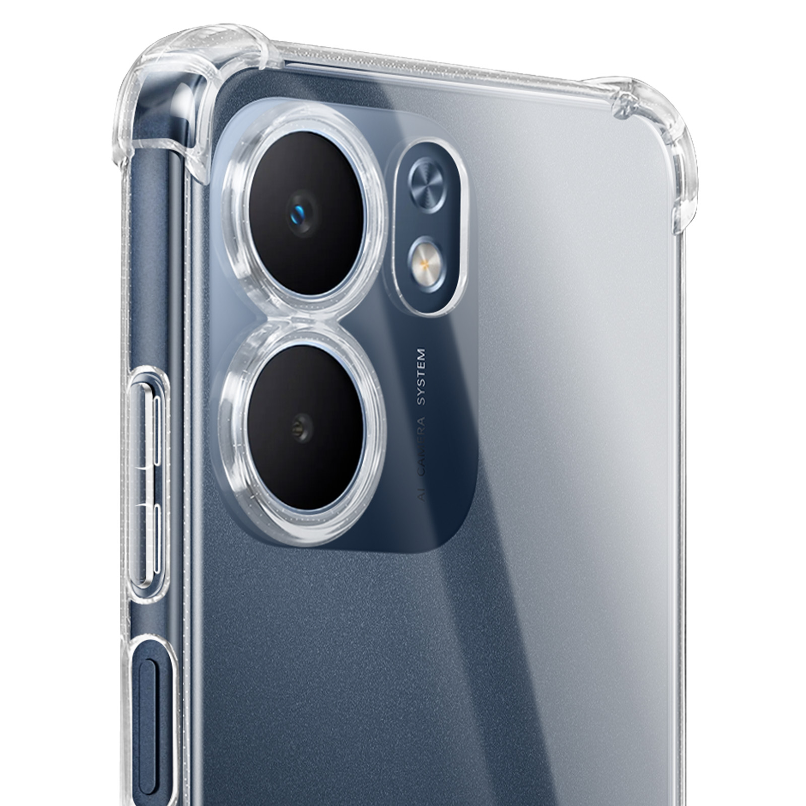 Primo piano di un telefono con una custodia protettiva trasparente. Sono visibili due obiettivi della fotocamera. Il telefono è blu.