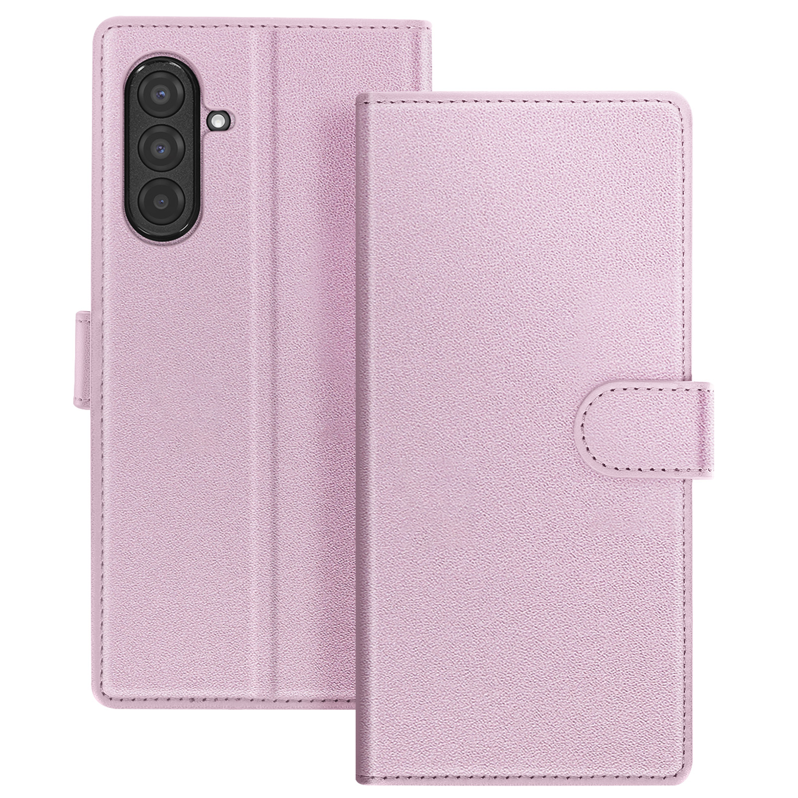 Een roze telefoonhoesje, open. Het heeft een hoes en een telefoonhouder. De houder heeft drie cameralenzen.