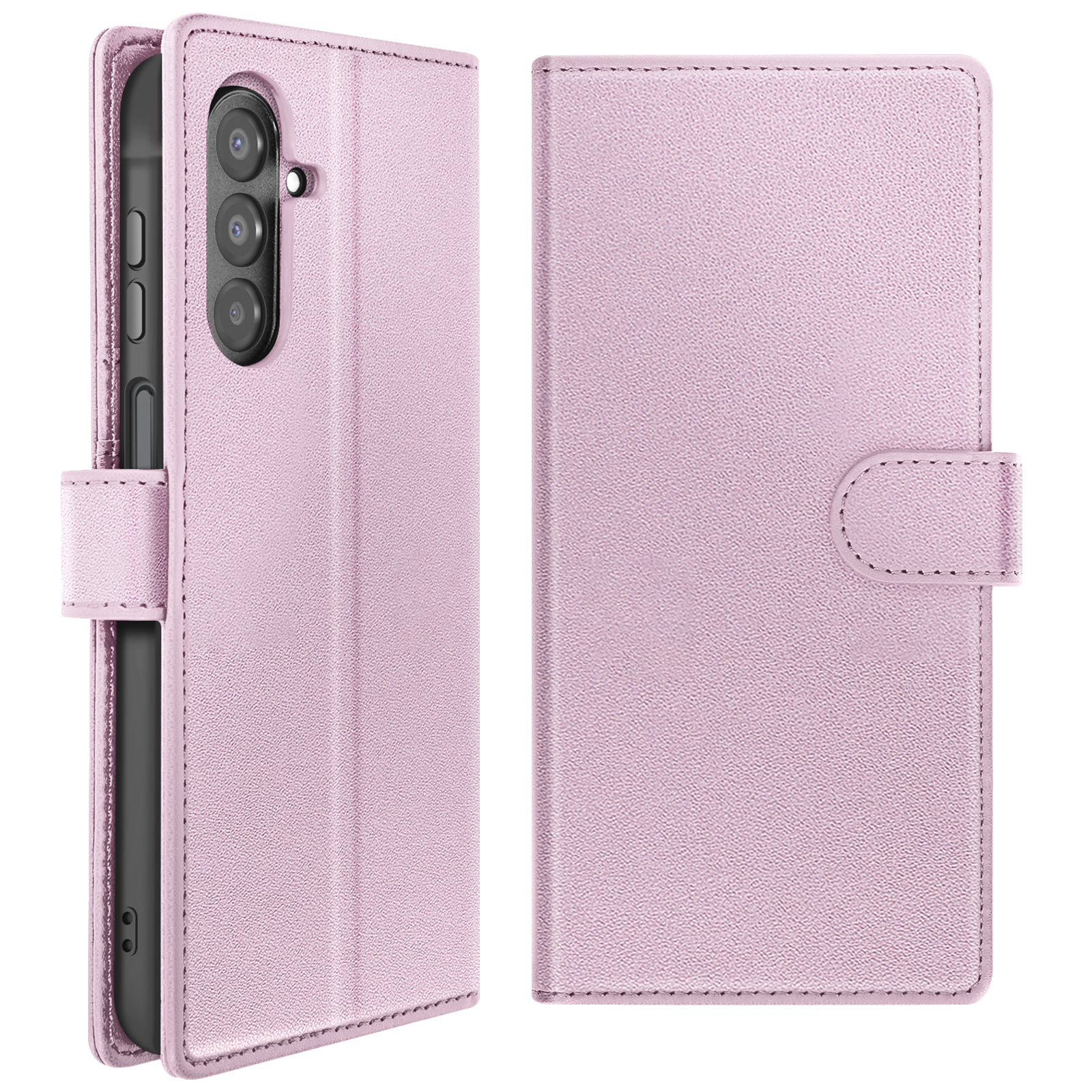 Roze telefoonhoesje met telefoon. De hoes is open en toont cameralenzen en een magnetische sluiting.