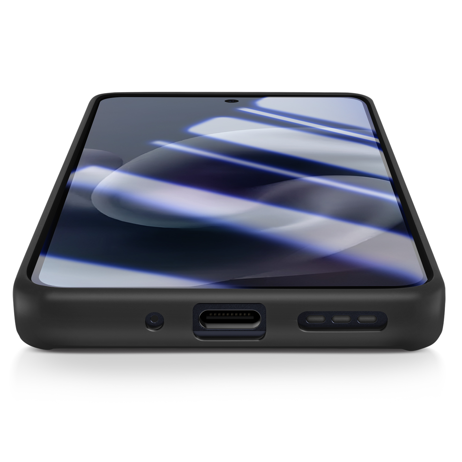 Een close-up van een zwarte smartphone op een witte ondergrond. Het scherm toont een vervaagd patroon. De telefoon heeft een zwarte hoes.