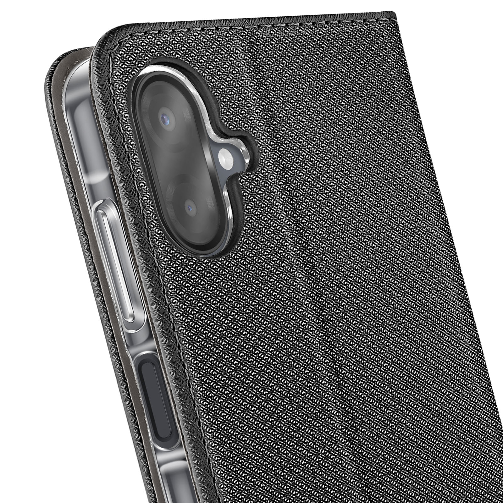 Primo piano di una custodia per telefono. La custodia è nera con un motivo strutturato. La fotocamera e i pulsanti del telefono sono visibili.