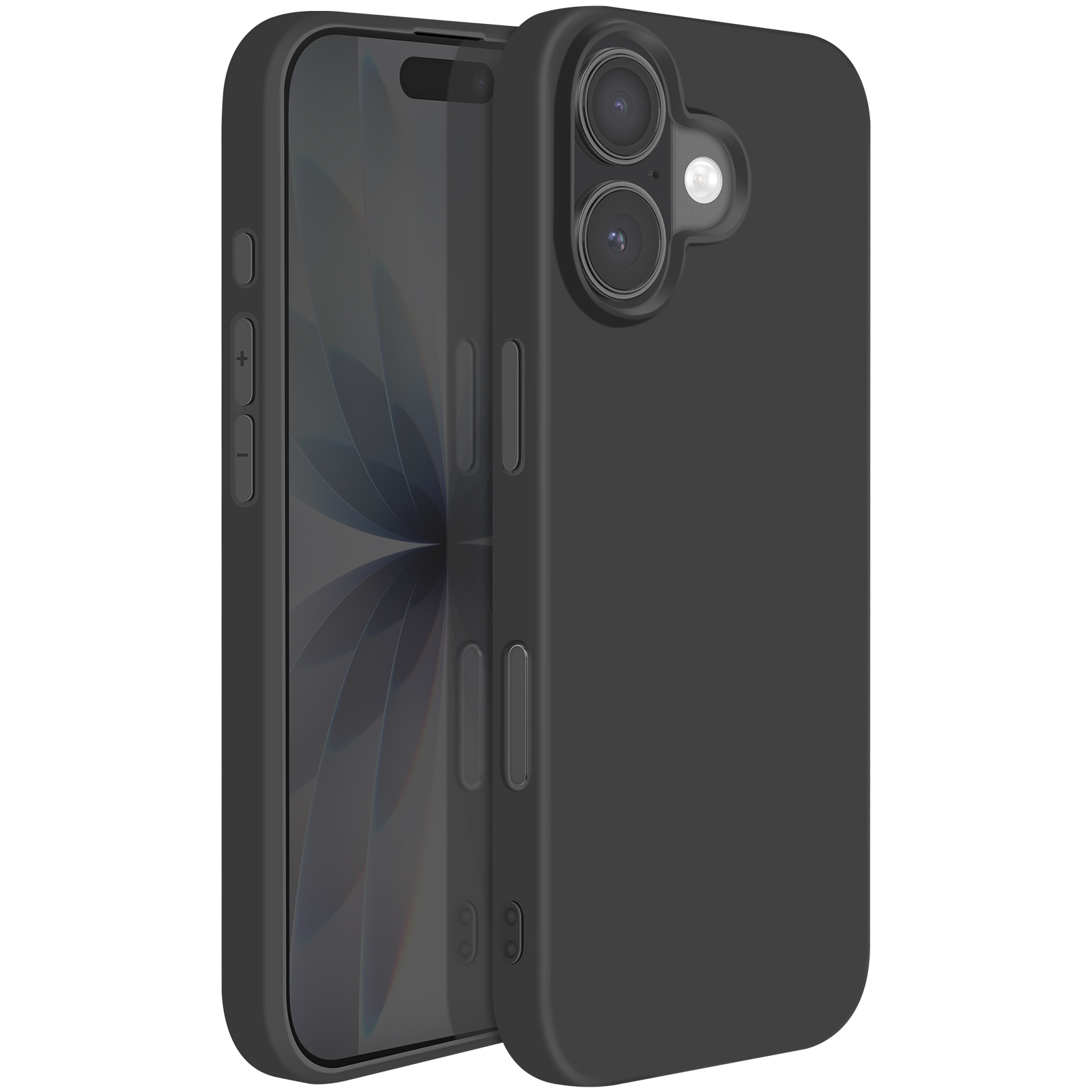 Un telefono nero in una custodia nera, leggermente aperto, che rivela lo schermo. La custodia ha ritagli per la fotocamera e pulsanti laterali.