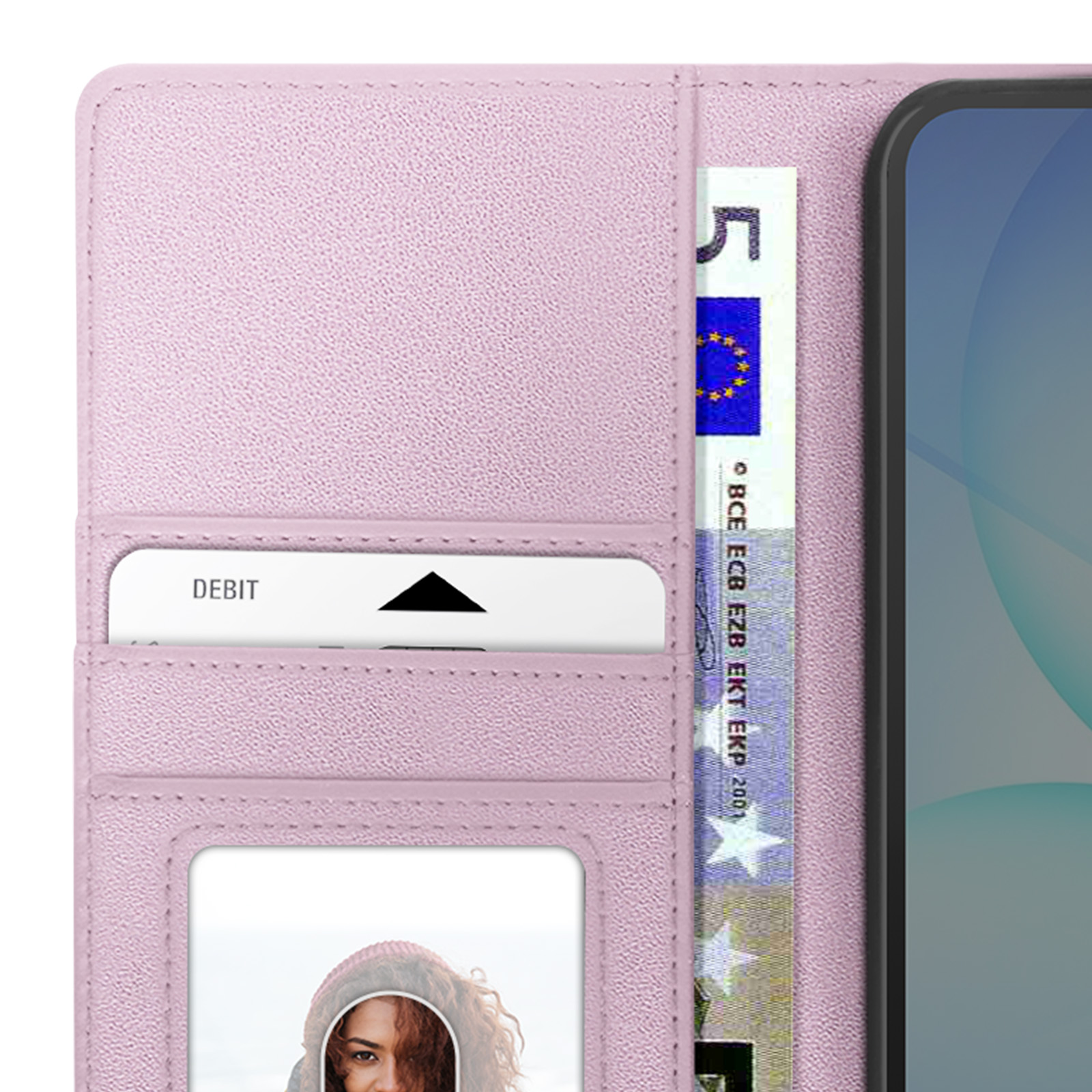 Roze telefoonhoes met betaalpas, eurobiljet en smartphone. Een foto van een vrouw is zichtbaar.