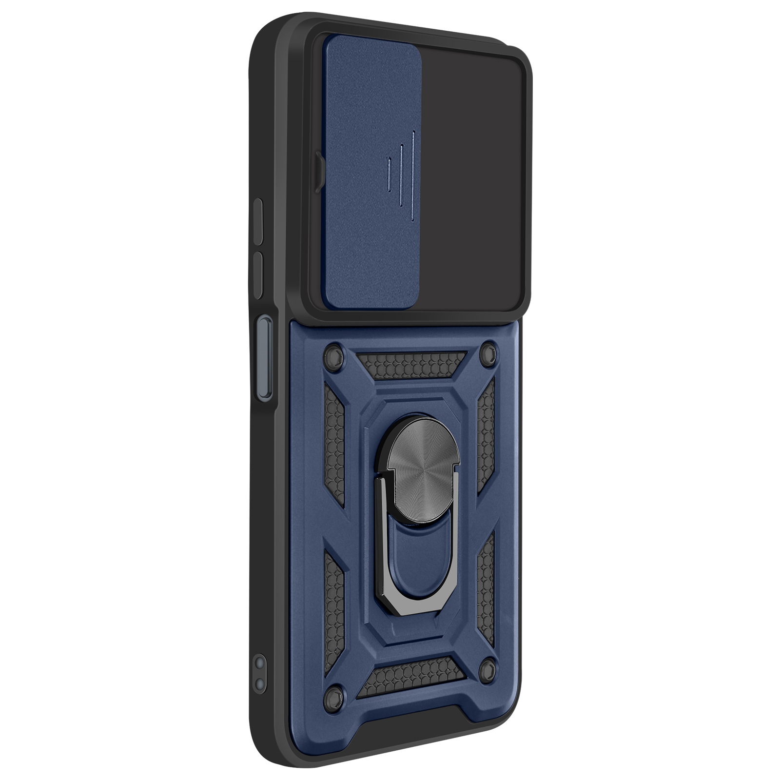 Una custodia per telefono blu e nera con anello. Ha una copertura scorrevole per la fotocamera.