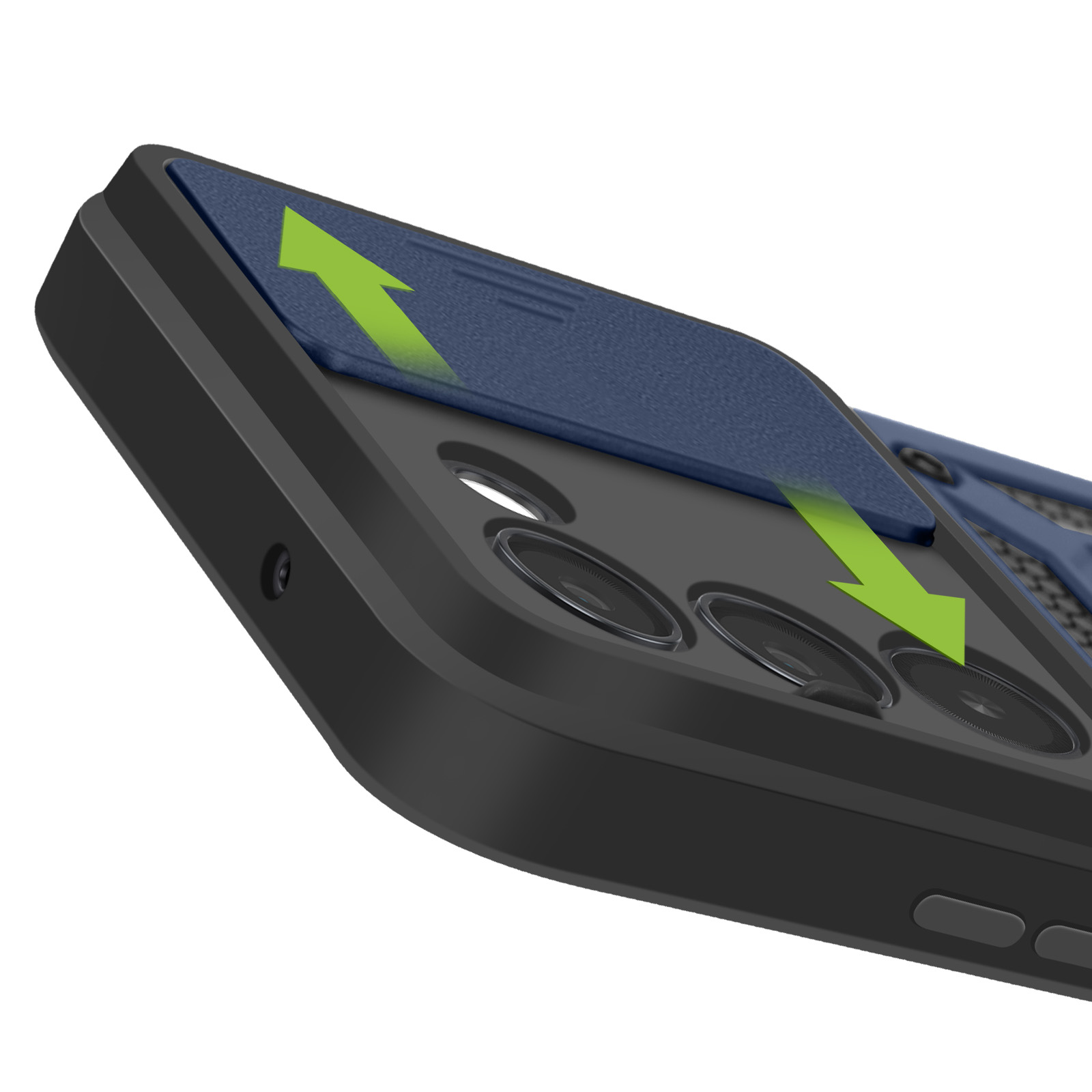 Una custodia per telefono con protezione per fotocamera. Le frecce indicano come scorre la protezione. La custodia è nera e blu.